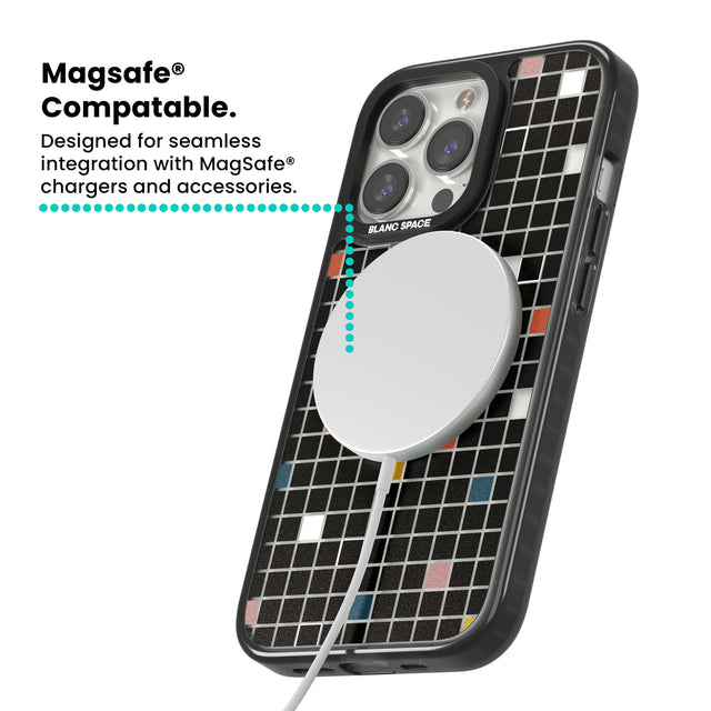 Earthtone Black Geometric Grid Magsafe Black Impact Phone Case for iPhone 13 Pro, iPhone 14 Pro, iPhone 15 Pro