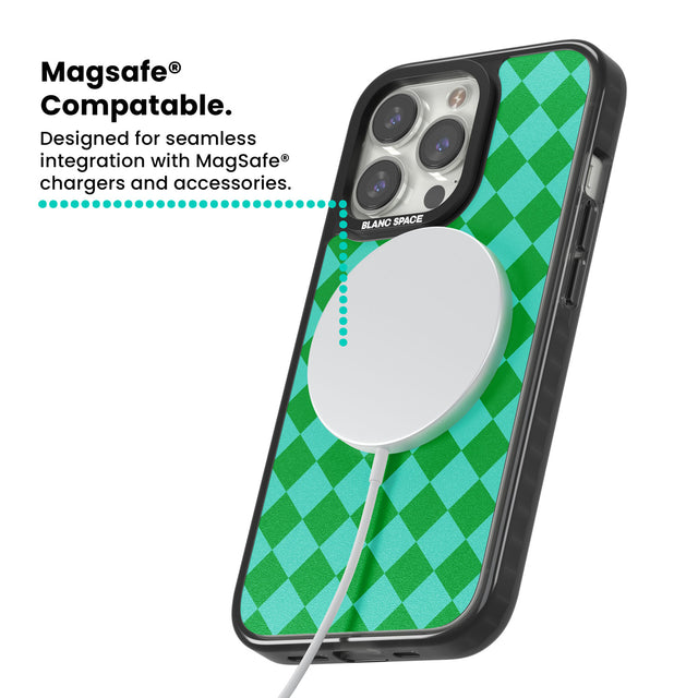 Retro Green Diamond Plaid Magsafe Black Impact Phone Case for iPhone 13 Pro, iPhone 14 Pro, iPhone 15 Pro