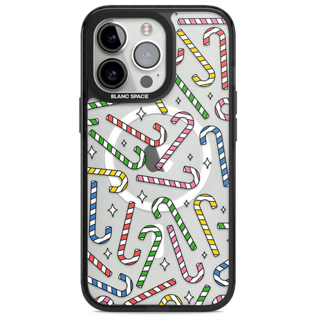 Colourful Stars & Candy Canes Magsafe Black Impact Phone Case for iPhone 13 Pro, iPhone 14 Pro, iPhone 15 Pro