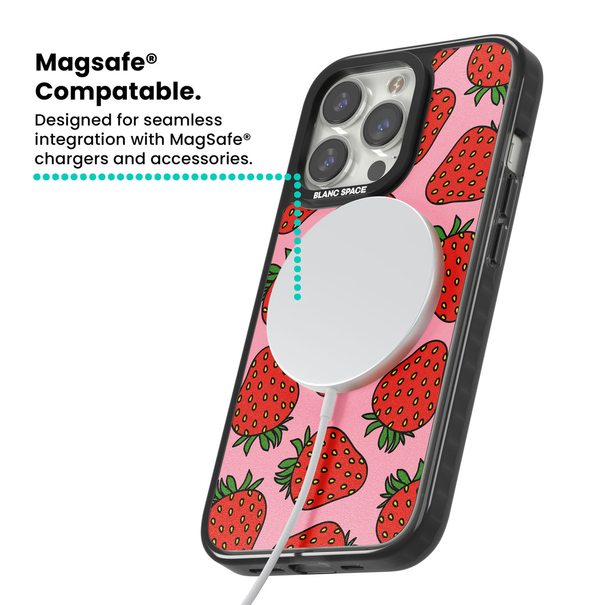 Strawberry Pattern (Pink) Magsafe Black Impact Phone Case for iPhone 13 Pro, iPhone 14 Pro, iPhone 15 Pro