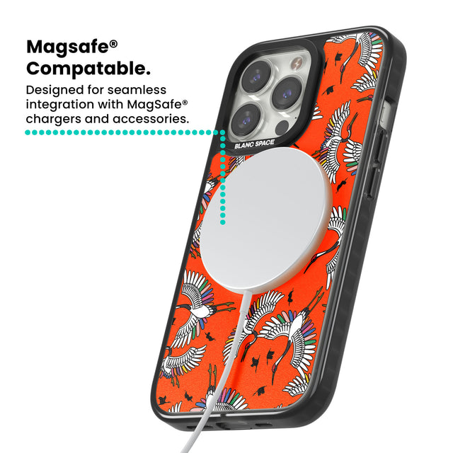 Colourful Crane Pattern (Orange) Magsafe Black Impact Phone Case for iPhone 13 Pro, iPhone 14 Pro, iPhone 15 Pro