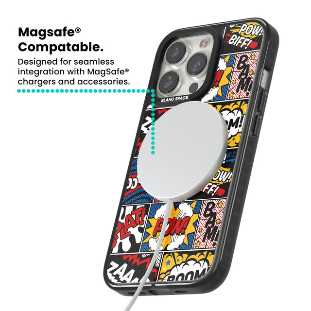 Onomatopoeia Magsafe Black Impact Phone Case for iPhone 13 Pro, iPhone 14 Pro, iPhone 15 Pro