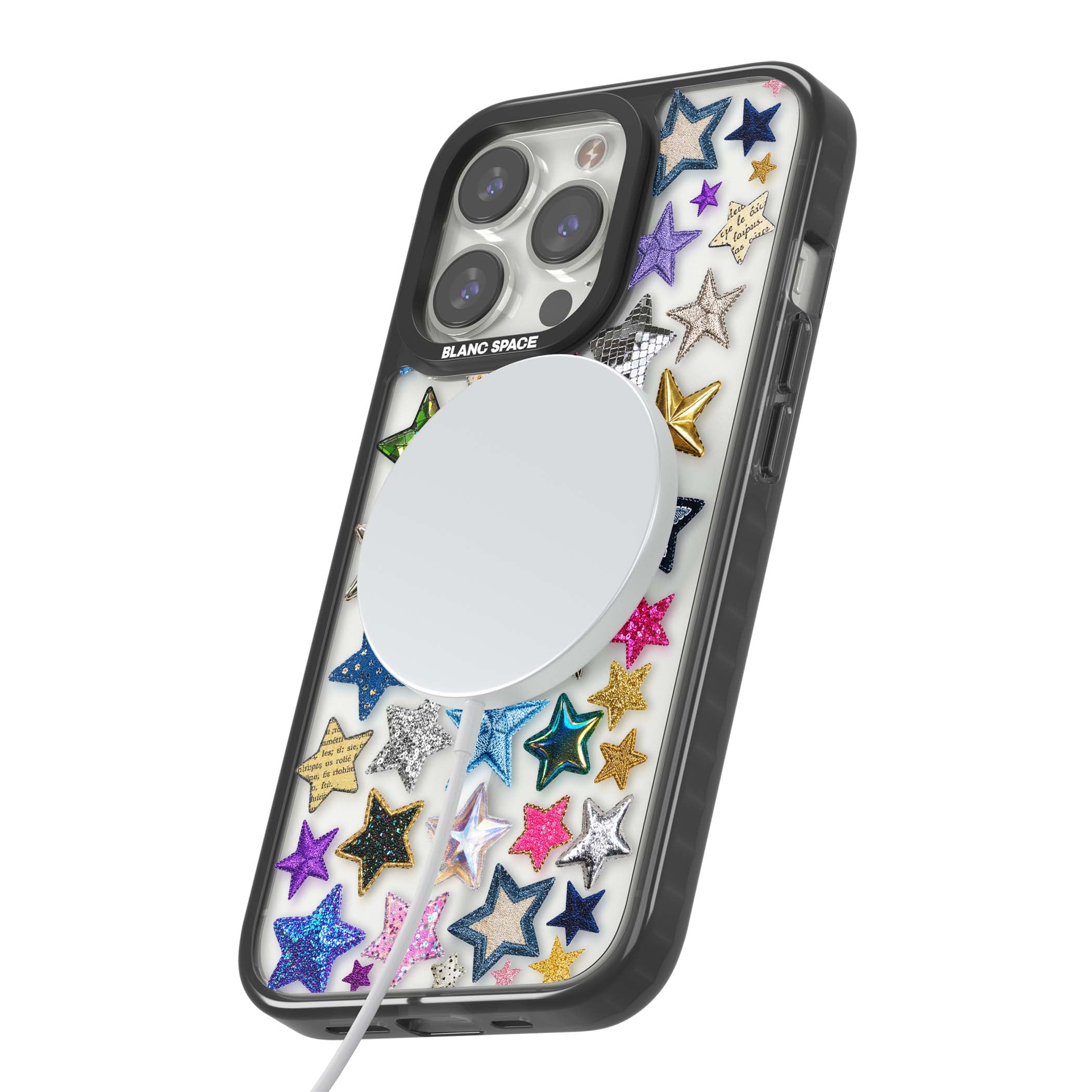 Crafty Star Mix Y2K iPhone case featuring embroidered, sequinned and glitter star patches in rainbow colours | Black Impact Magsafe case for iPhone 13 Pro, iPhone 14 Pro, iPhone 15 Pro