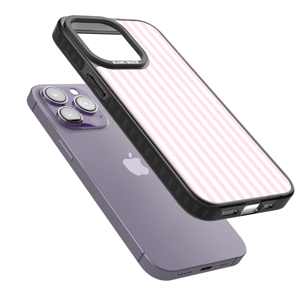Pink Stripe preppy iPhone case featuring soft pastel pink and white vertical candy stripes iPhone 12 Pro Max / iPhone 13 Pro / iPhone 13 Pro Max / iPhone 14 Pro / iPhone 14 Pro Max / iPhone 15 Pro / iPhone 15 Pro Max Impact Pro Black Phone Case angled