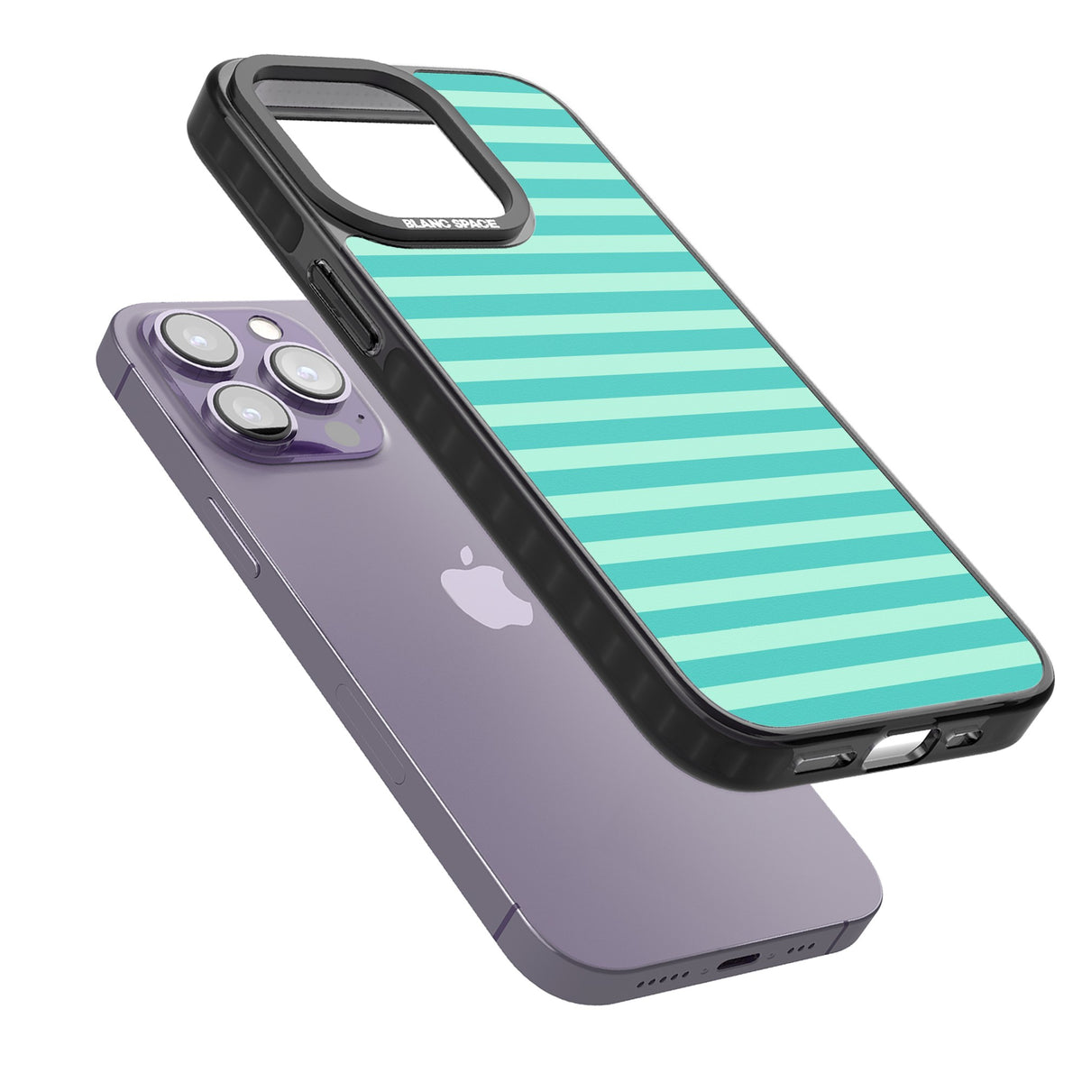 Turquoise Stripe preppy iPhone case featuring horizontal teal and mint green stripes on a black protective frame iPhone 12 Pro Max / iPhone 13 Pro / iPhone 13 Pro Max / iPhone 14 Pro / iPhone 14 Pro Max / iPhone 15 Pro / iPhone 15 Pro Max Impact Pro Black Phone Case angled