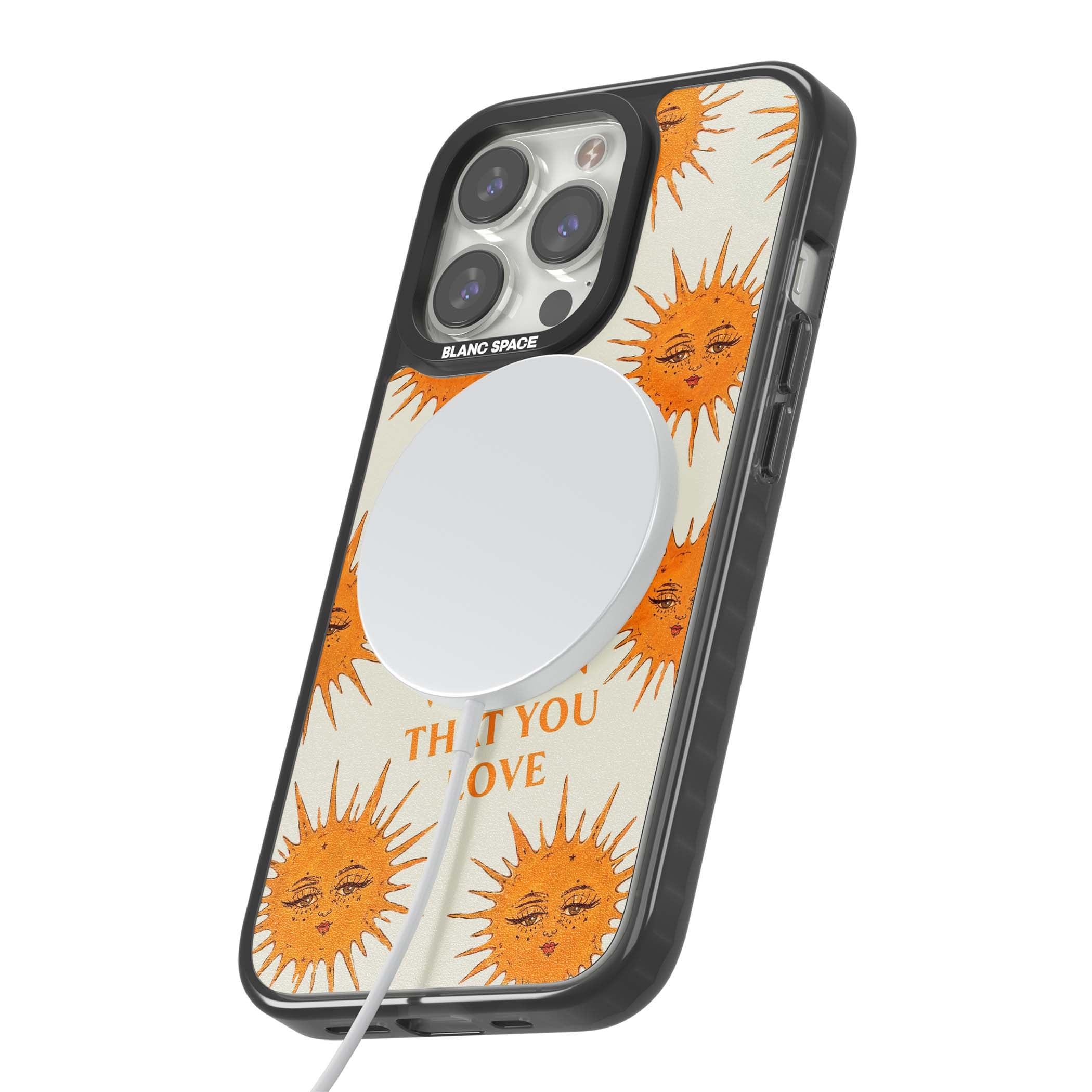 Don't Hate Yourself celestial iPhone case featuring vintage sun faces, ochre rays and a self-love quote | Black Impact Magsafe case for iPhone 13 Pro, iPhone 14 Pro, iPhone 15 Pro