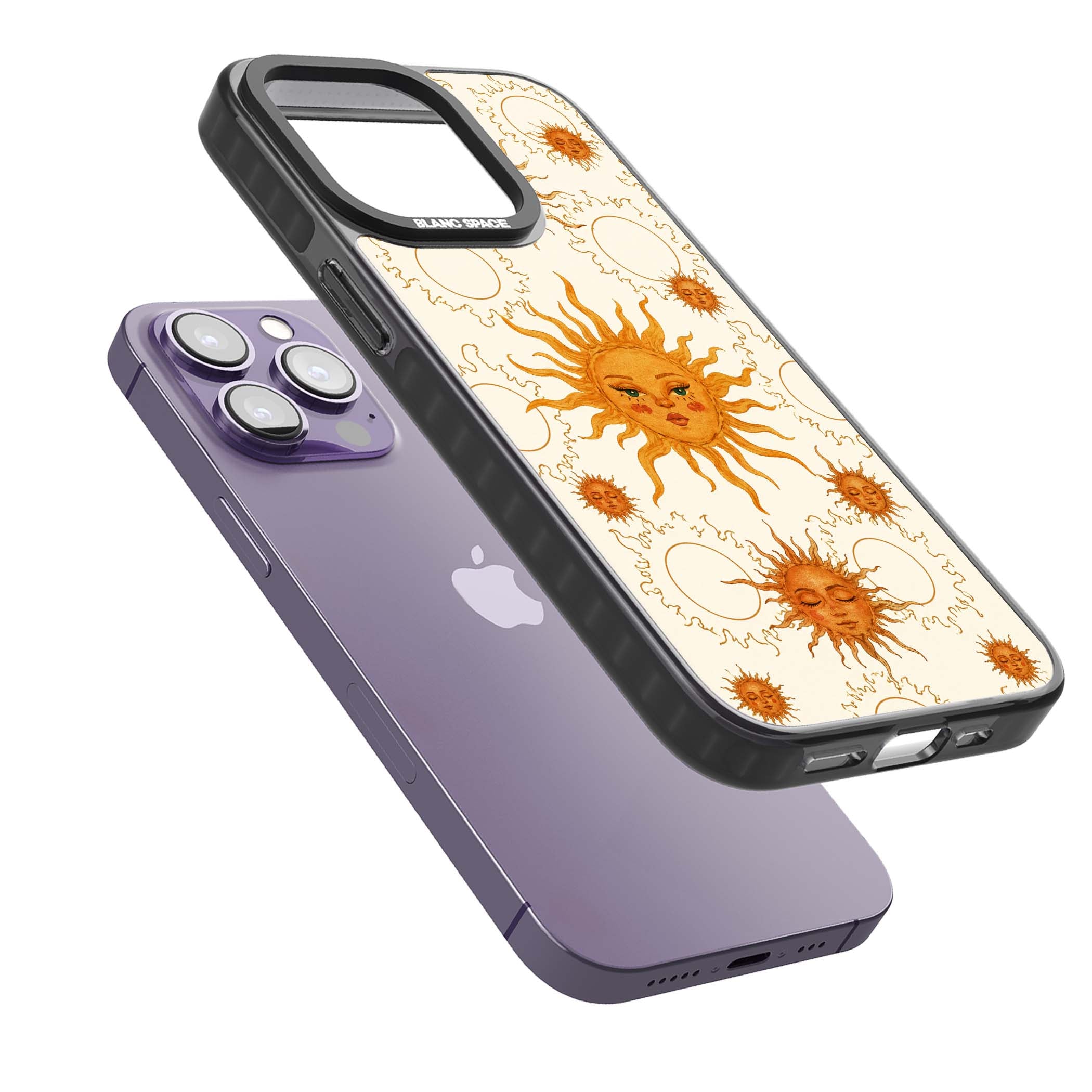 Solstice Muse celestial iPhone case featuring hand-painted golden sun faces, closed-eye sun goddesses and outlined moons... | Black Impact Magsafe case for iPhone 13 Pro, iPhone 14 Pro, iPhone 15 Pro