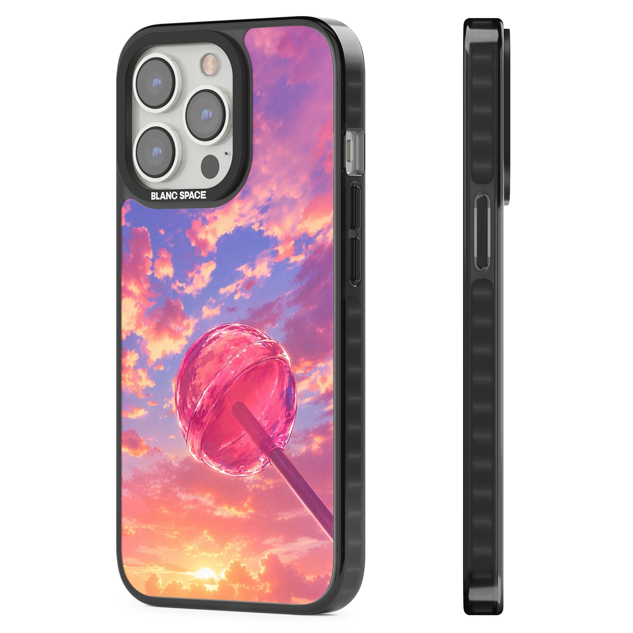 Sugar Sunset candy aesthetic iPhone case featuring a pink lollipop, pastel sunset sky and dreamy clouds | Black Impact Magsafe case for iPhone 13 Pro, iPhone 14 Pro, iPhone 15 Pro