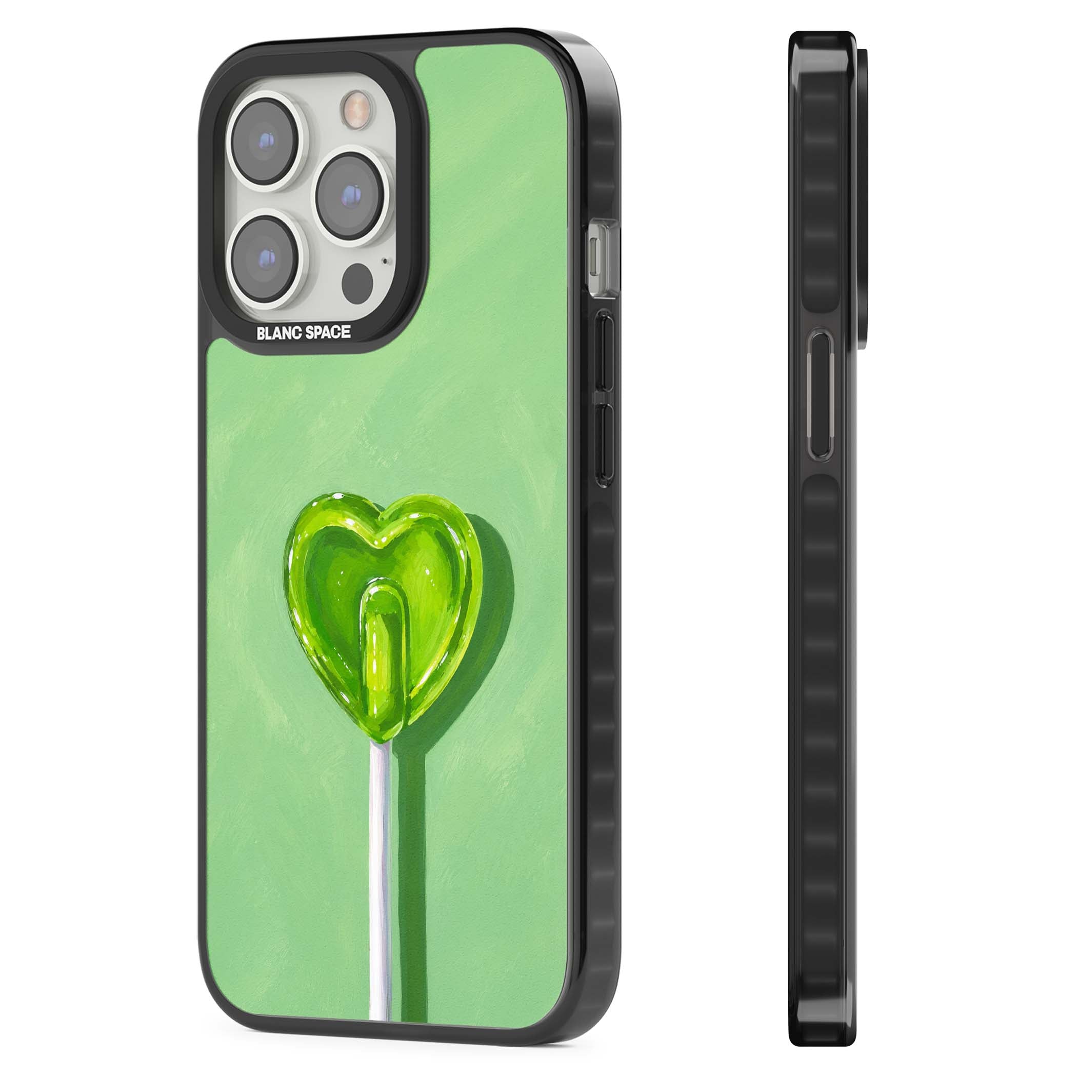 Green Lollipop candy art iPhone case featuring a glossy green heart-shaped lollipop on a painted pastel green background | Black Impact Magsafe case for iPhone 13 Pro, iPhone 14 Pro, iPhone 15 Pro