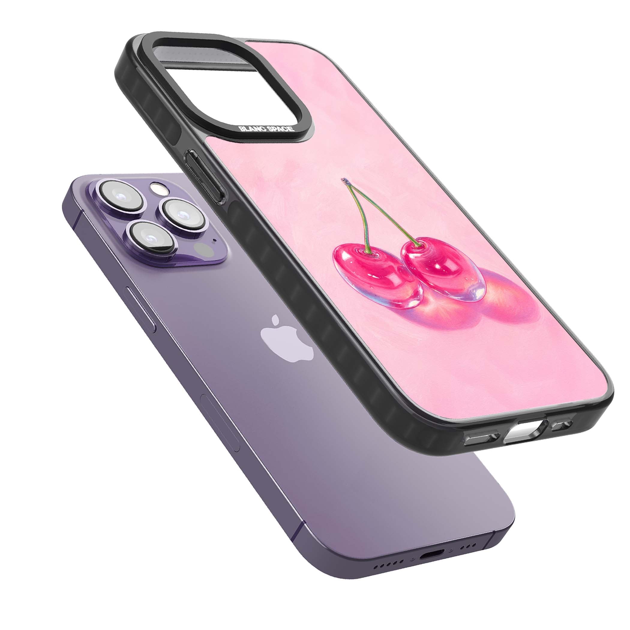 Pink Glass Cherry coquette iPhone case featuring two glossy painted cherries on a soft pink background | Black Impact Magsafe case for iPhone 13 Pro, iPhone 14 Pro, iPhone 15 Pro