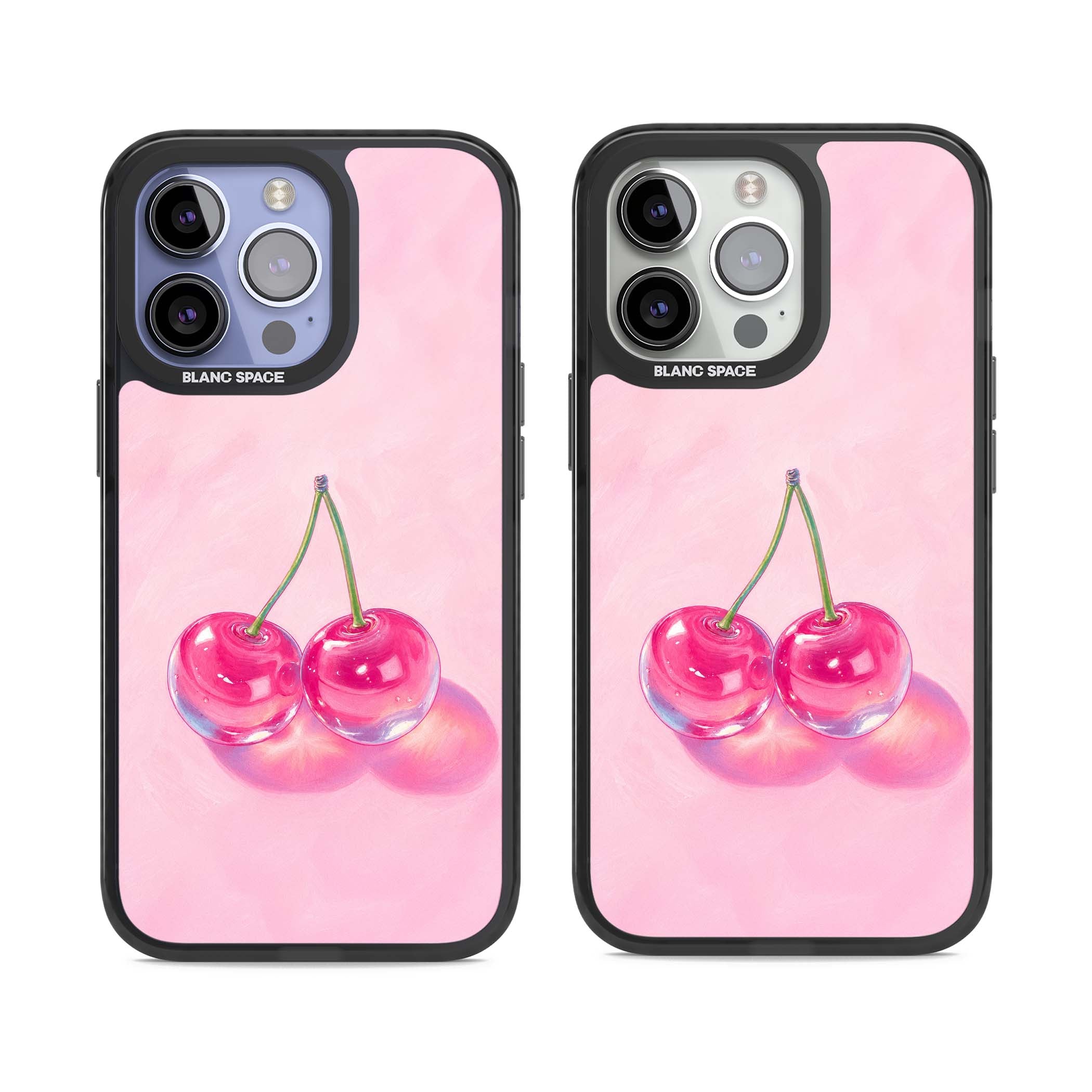 Pink Glass Cherry coquette iPhone case featuring two glossy painted cherries on a soft pink background | Black Impact Magsafe case for iPhone 13 Pro, iPhone 14 Pro, iPhone 15 Pro