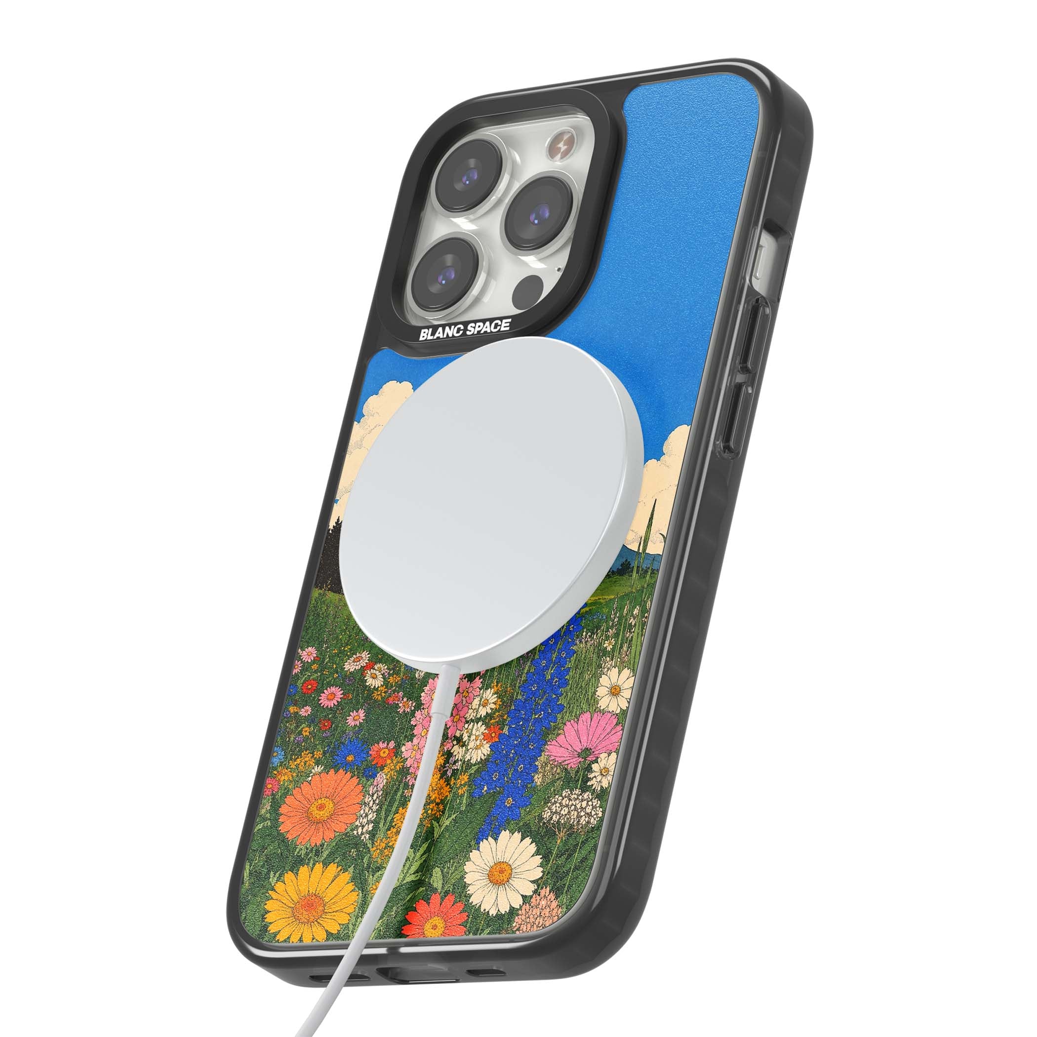 Wildbloom wildflower iPhone case featuring a vintage Japanese-style meadow landscape with daisies, delphiniums and moun | Black Impact Magsafe case for iPhone 13 Pro, iPhone 14 Pro, iPhone 15 Pro