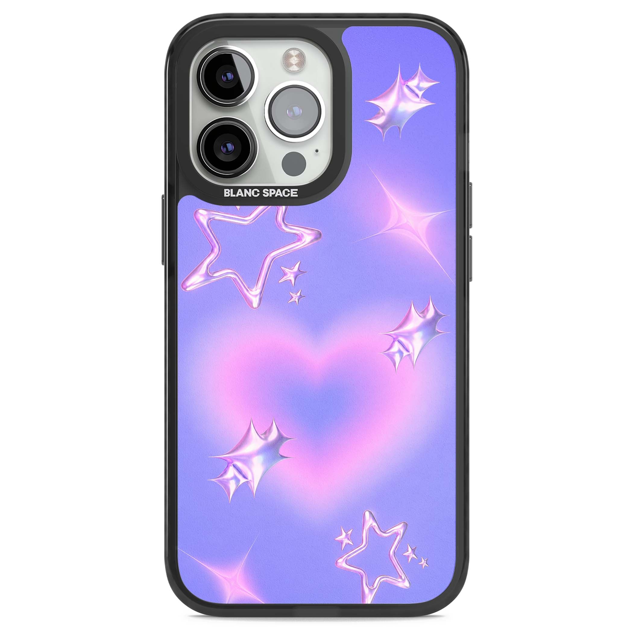 Soft Sugar Y2K iPhone case featuring iridescent chrome hearts, metallic pink stars and a lavender gradient sky | Black Impact Magsafe case for iPhone 13 Pro, iPhone 14 Pro, iPhone 15 Pro