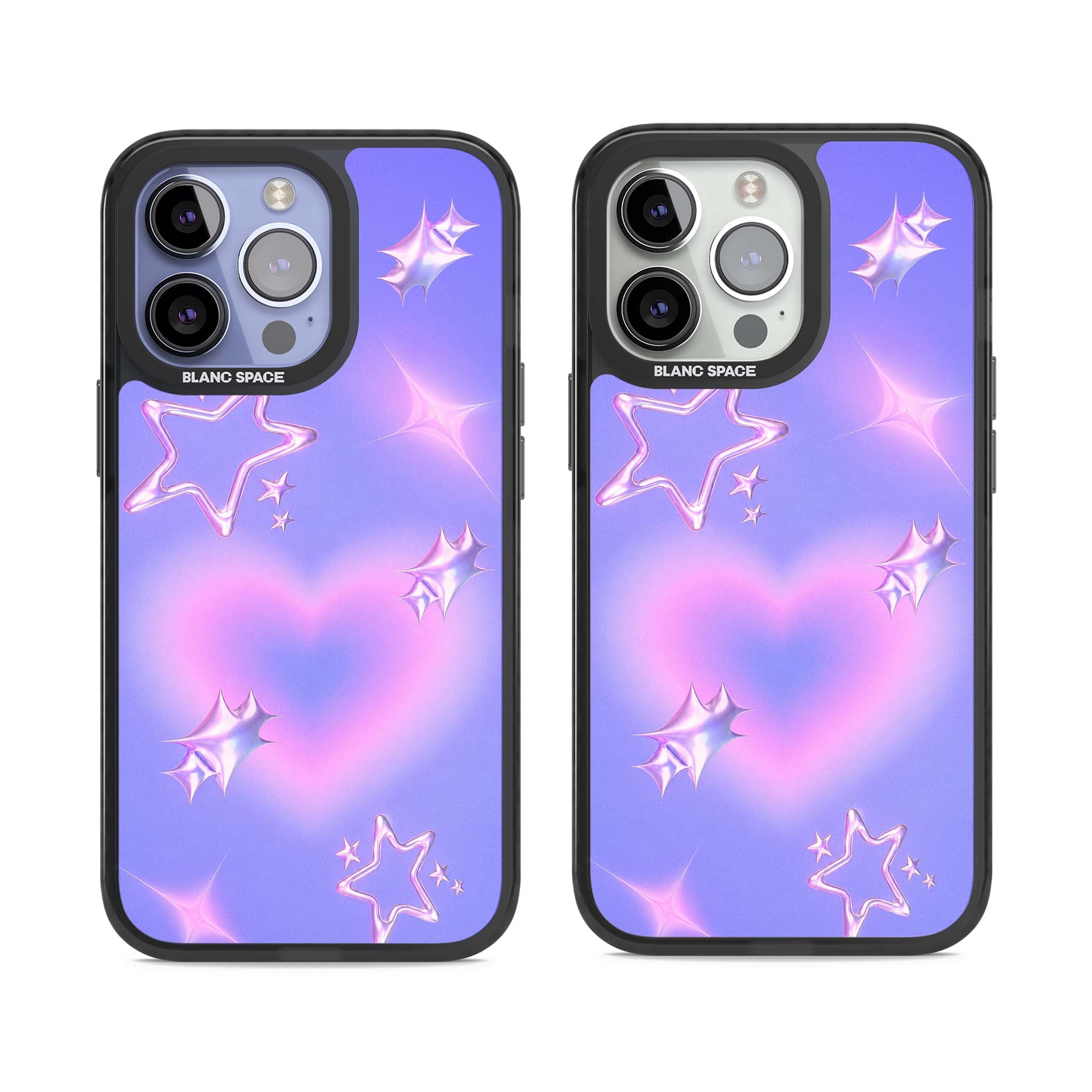 Soft Sugar Y2K iPhone case featuring iridescent chrome hearts, metallic pink stars and a lavender gradient sky | Black Impact Magsafe case for iPhone 13 Pro, iPhone 14 Pro, iPhone 15 Pro