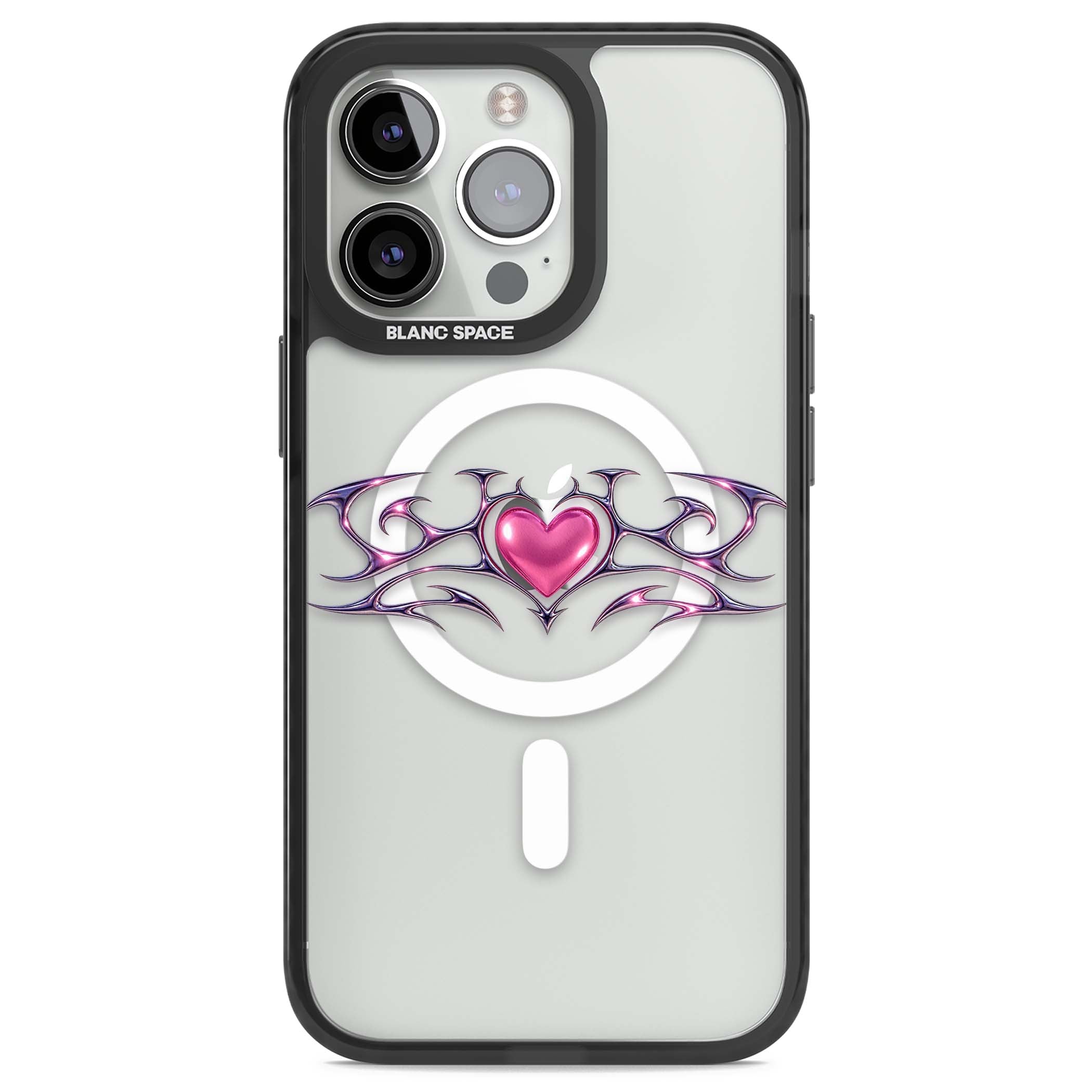 Pink Chrome Heart y2k iPhone case | Black Impact Magsafe case for iPhone 13 Pro, iPhone 14 Pro, iPhone 15 Pro