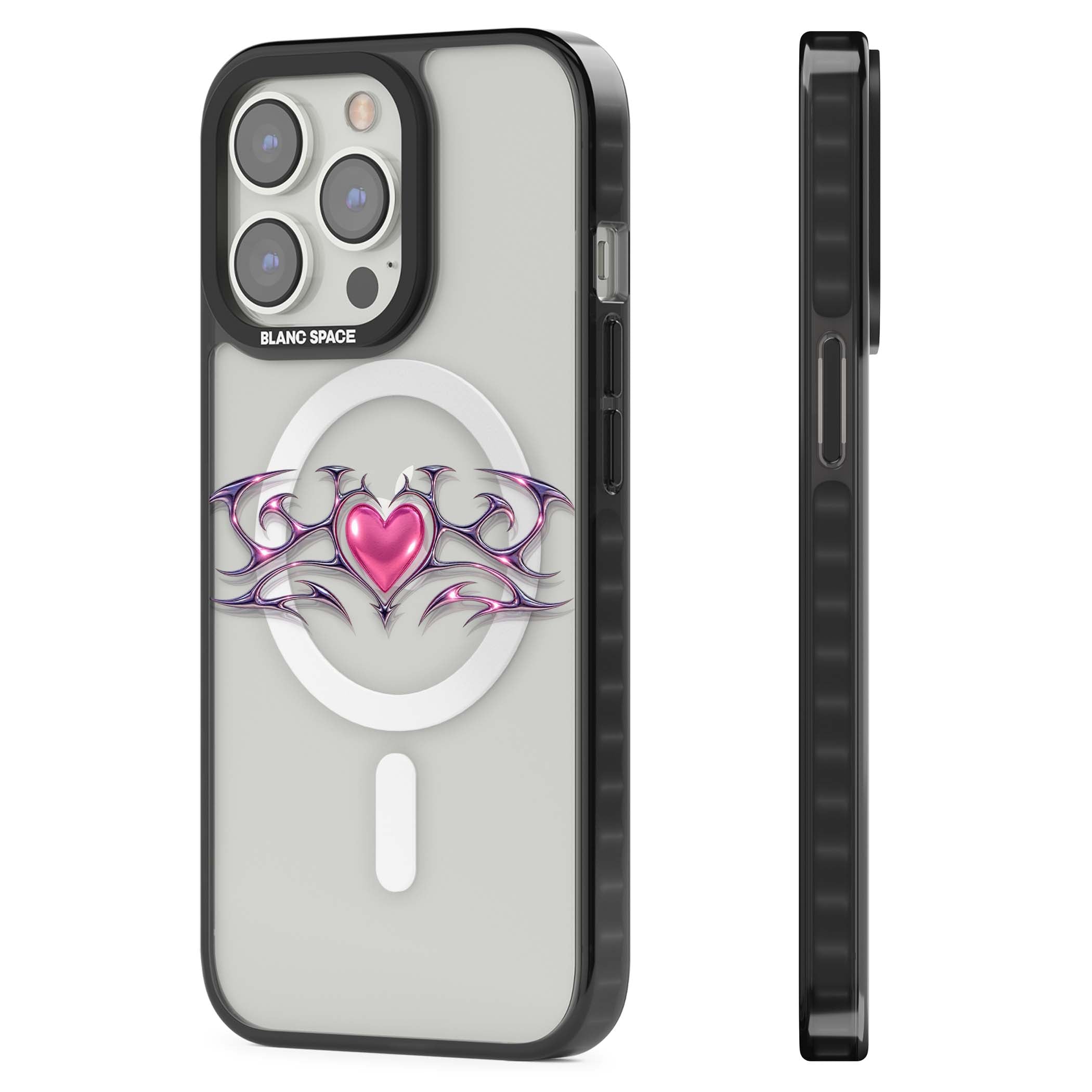 Pink Chrome Heart y2k iPhone case | Black Impact Magsafe case for iPhone 13 Pro, iPhone 14 Pro, iPhone 15 Pro