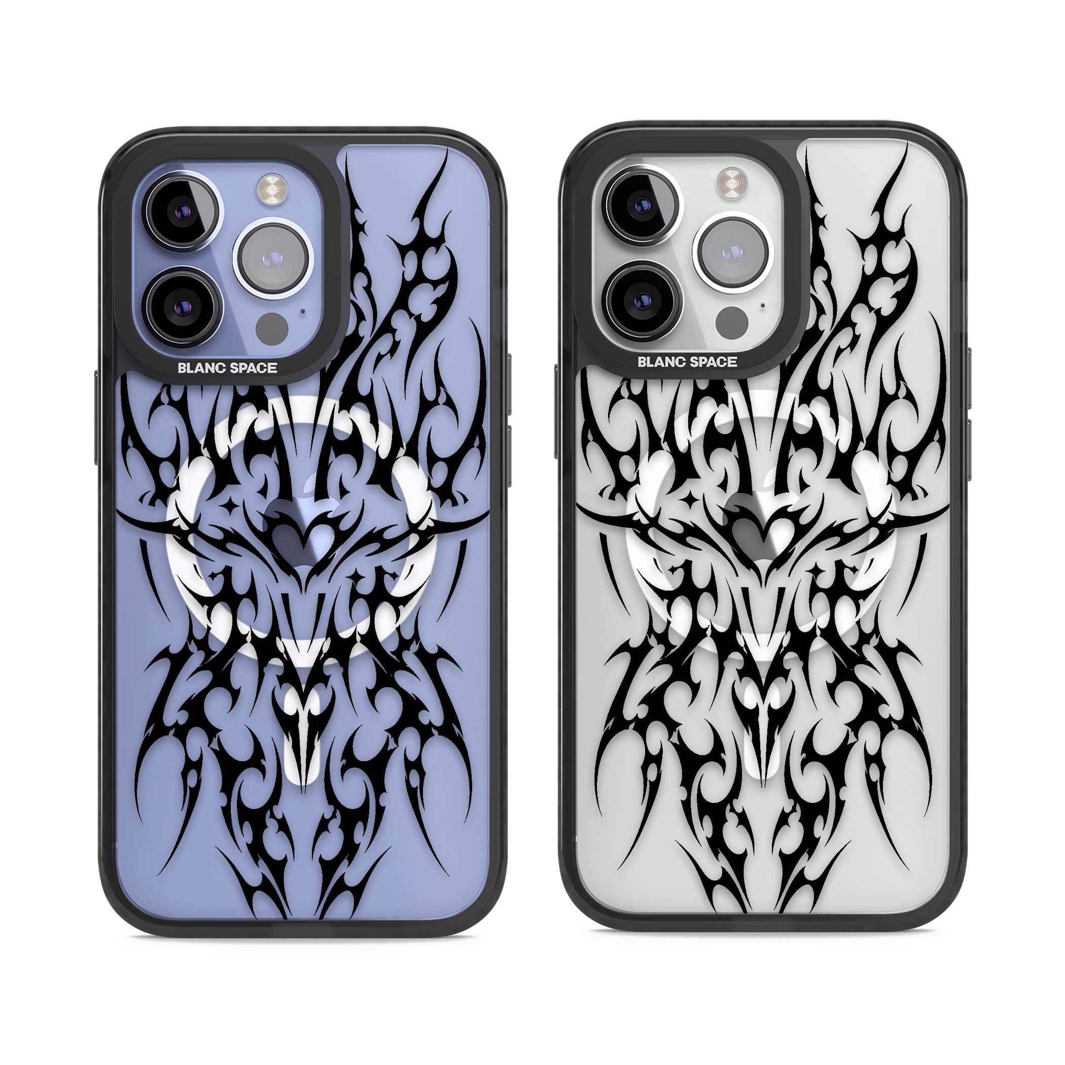 Neo Tribal Heart gothic iPhone case featuring symmetrical black tribal tattoo art with sharp thorn-like linework | Black Impact Magsafe case for iPhone 13 Pro, iPhone 14 Pro, iPhone 15 Pro