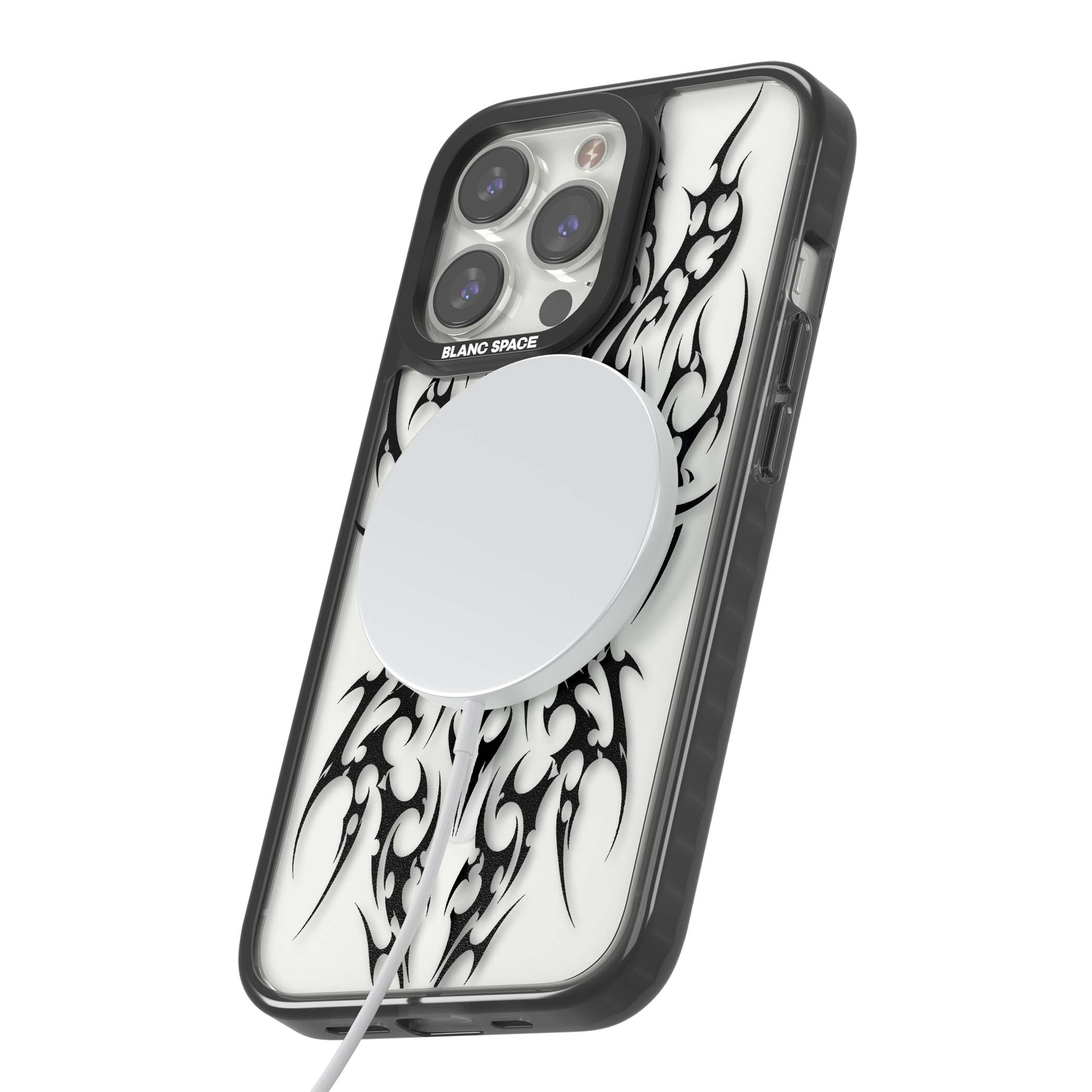 Neo Tribal Heart gothic iPhone case featuring symmetrical black tribal tattoo art with sharp thorn-like linework | Black Impact Magsafe case for iPhone 13 Pro, iPhone 14 Pro, iPhone 15 Pro