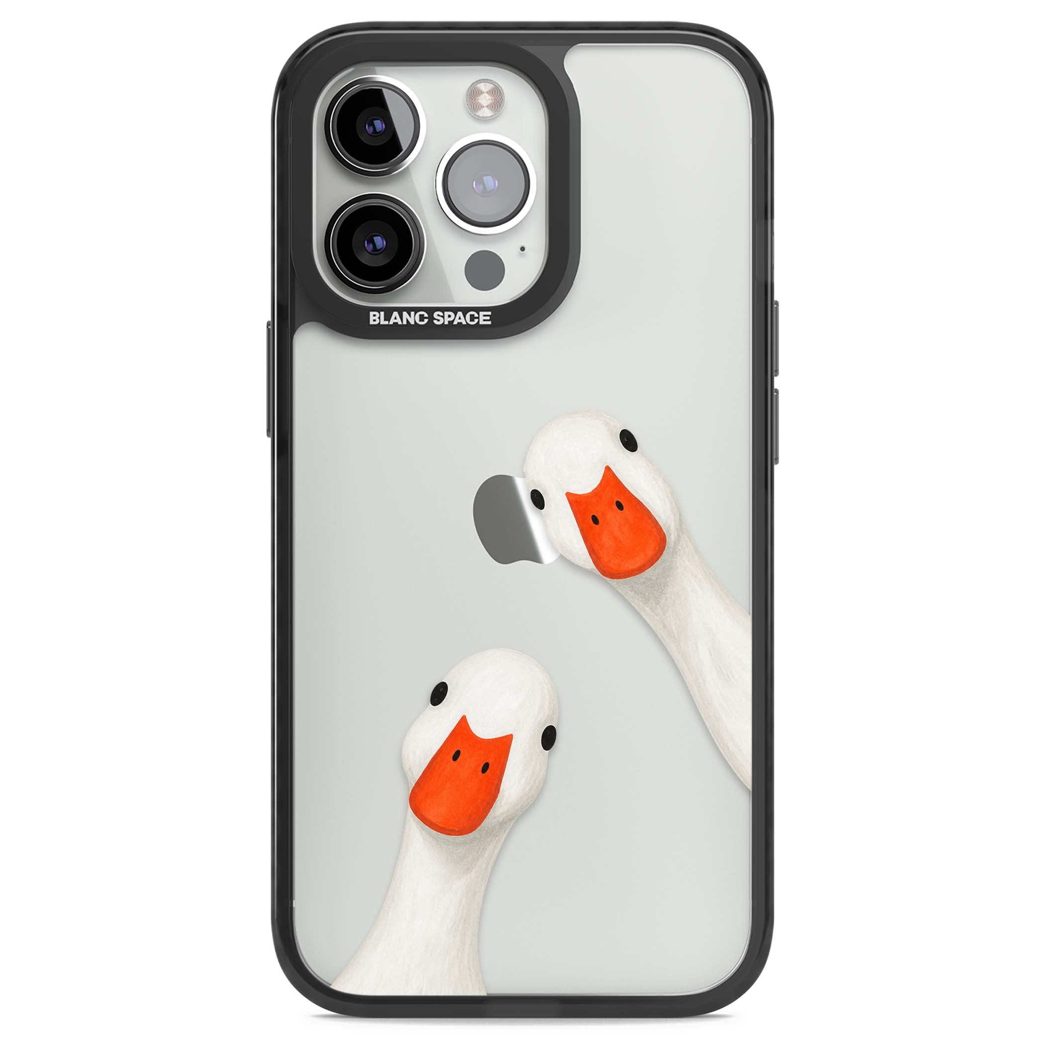 Nosy Ducks cottagecore iPhone case featuring two peeking white ducks with orange beaks on a clear background | Black Impact case for iPhone 13 Pro, iPhone 14 Pro, iPhone 15 Pro