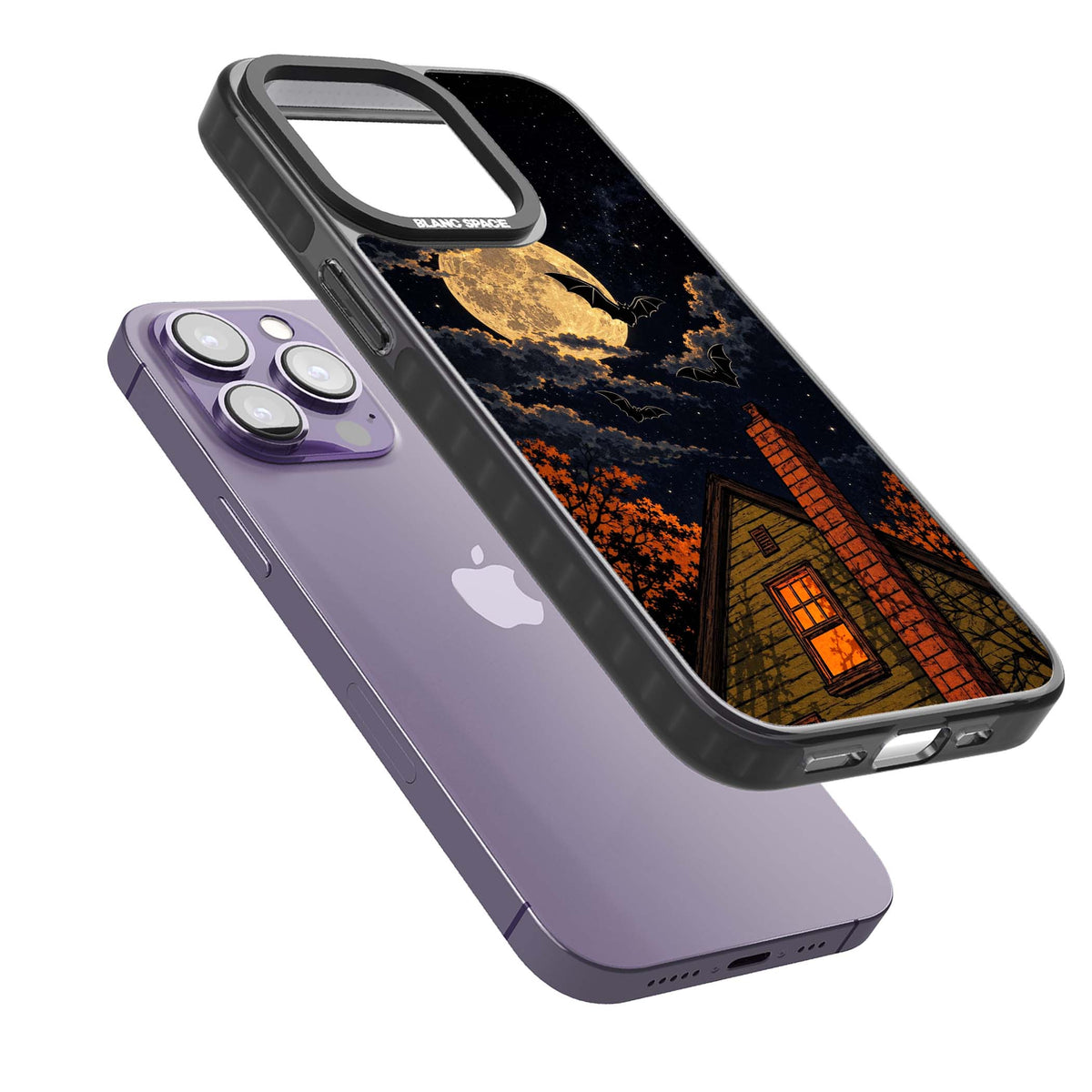Hollows Eve Halloween iPhone case featuring a haunted house, full moon and flying bats against a starry autumn sky | Black Impact case for iPhone 13 Pro, iPhone 14 Pro, iPhone 15 Pro