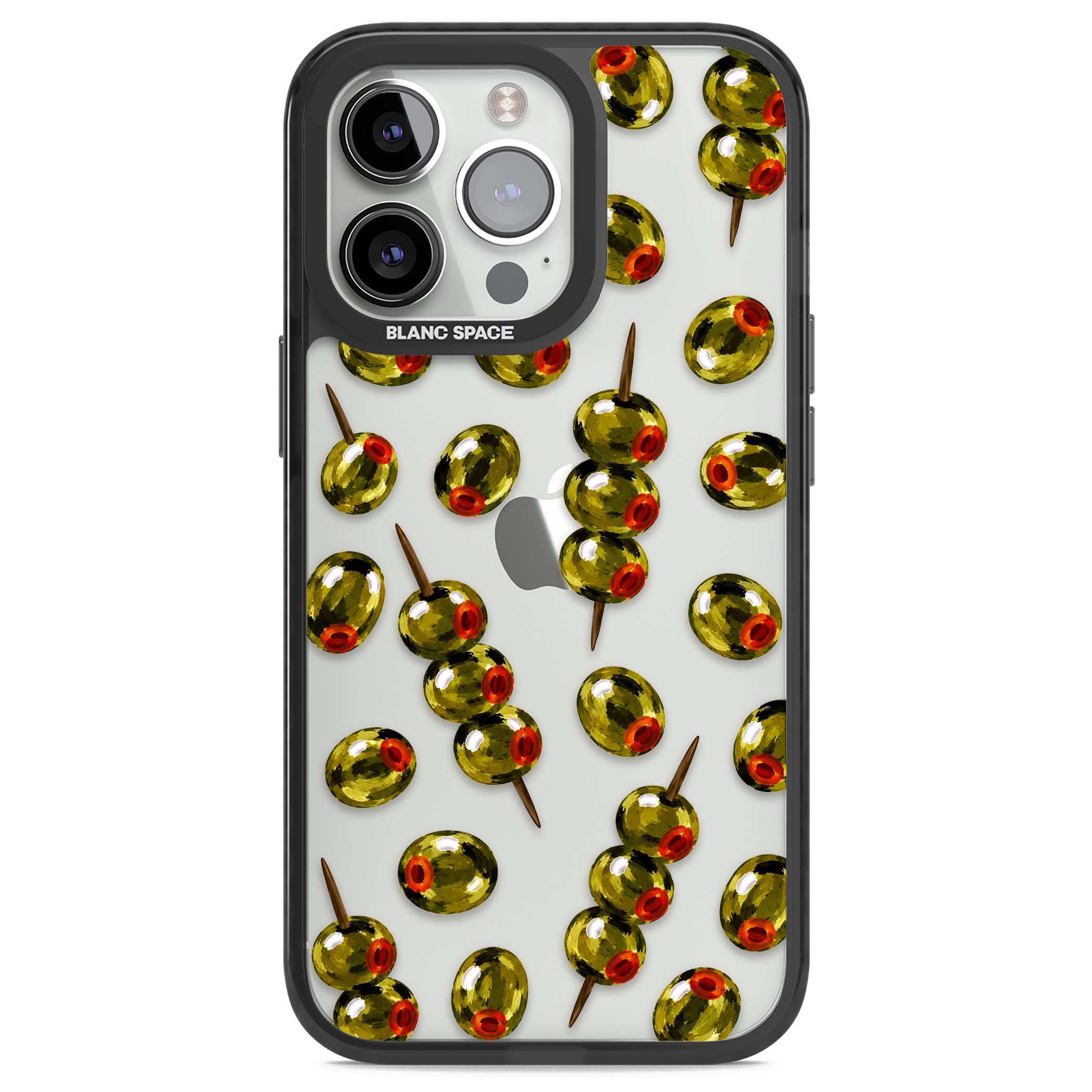 Painted Olives cocktail iPhone case featuring green olives, pimento centres and toothpick skewers on a clear background | Black Impact case for iPhone 13 Pro, iPhone 14 Pro, iPhone 15 Pro