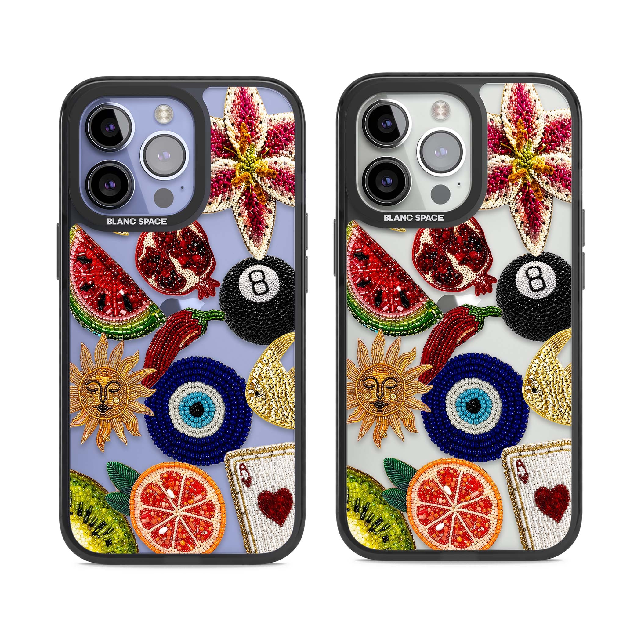 Beaded Charms embroidery iPhone case featuring beaded evil eye, fruit patches and a golden sun motif | Black Impact case for iPhone 13 Pro, iPhone 14 Pro, iPhone 15 Pro