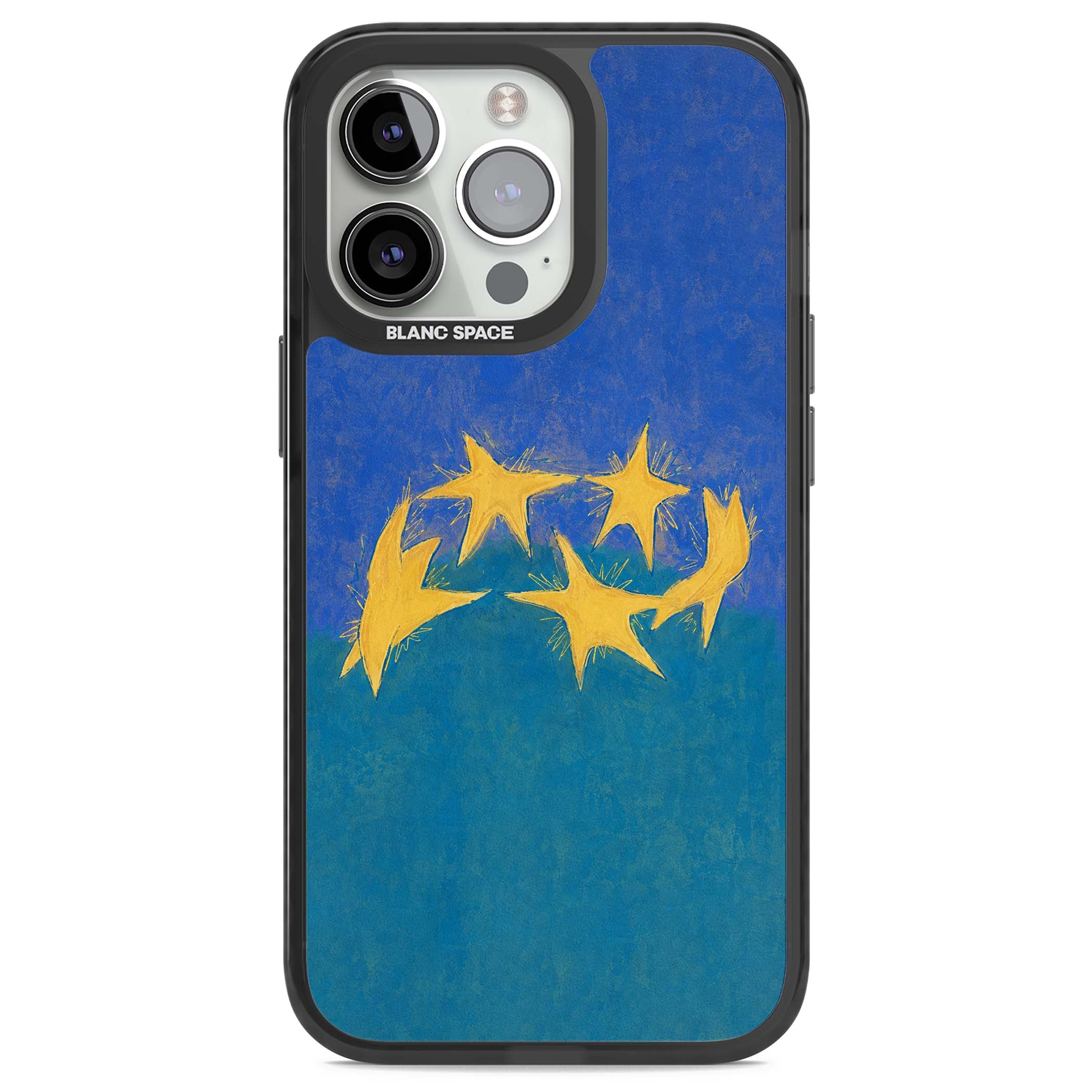 Star Boogie stars aesthetic iPhone case featuring five yellow hand-painted stars on cobalt blue and teal | Black Impact case for iPhone 13 Pro, iPhone 14 Pro, iPhone 15 Pro
