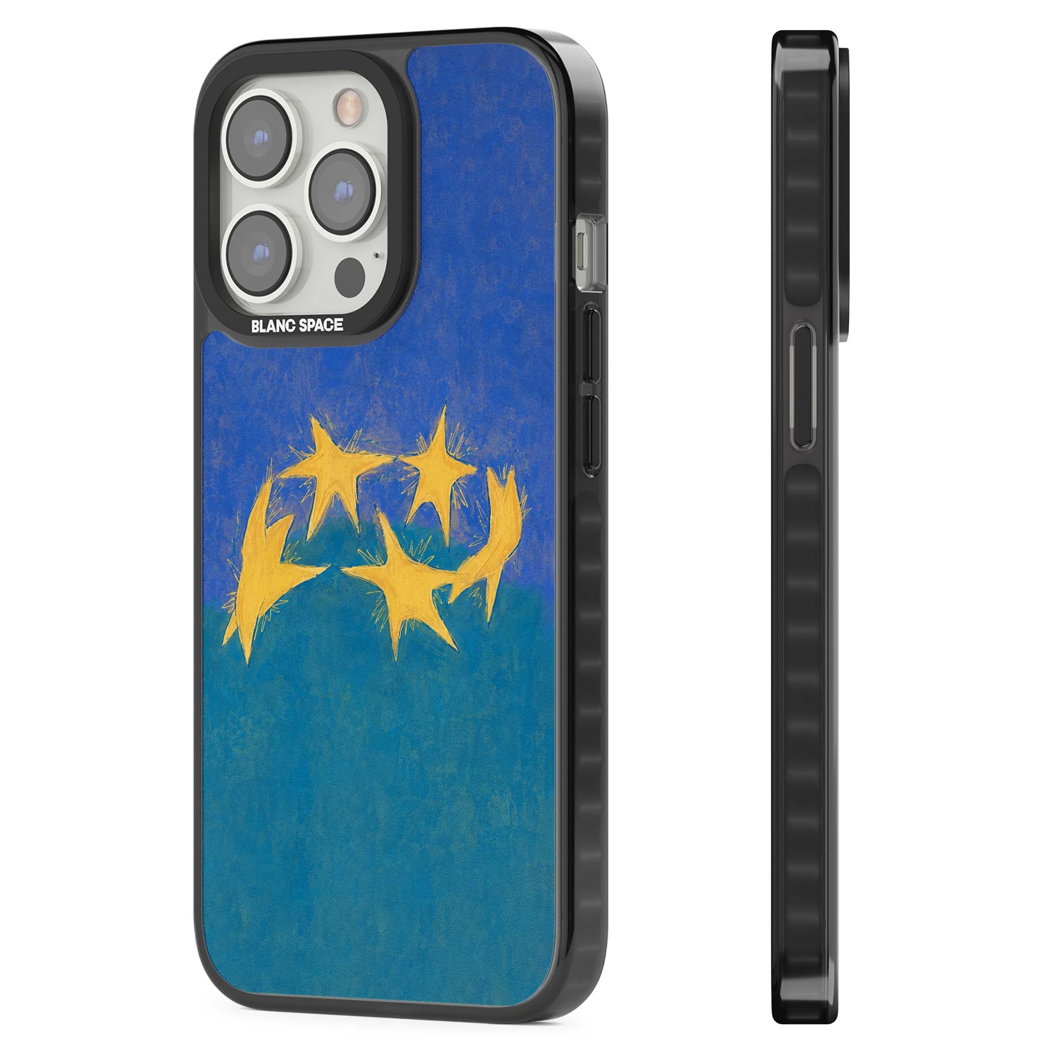 Star Boogie stars aesthetic iPhone case featuring five yellow hand-painted stars on cobalt blue and teal | Black Impact case for iPhone 13 Pro, iPhone 14 Pro, iPhone 15 Pro