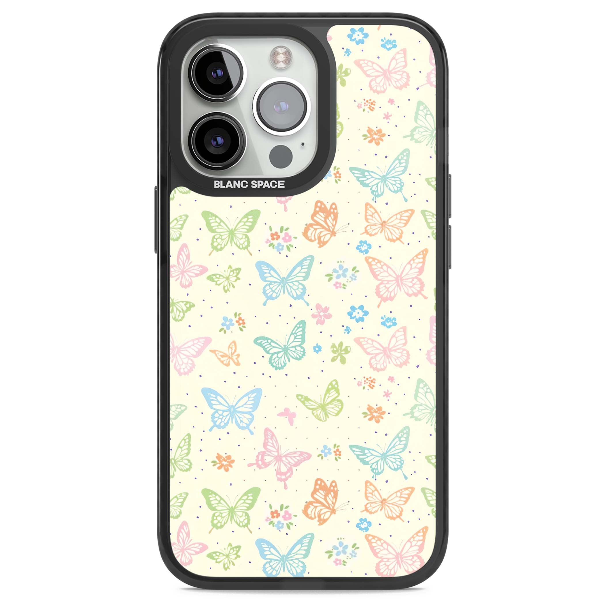Sugar Wings cottagecore iPhone case featuring rainbow pastel butterflies, tiny wildflowers, and a cream background | Black Impact case for iPhone 13 Pro, iPhone 14 Pro, iPhone 15 Pro