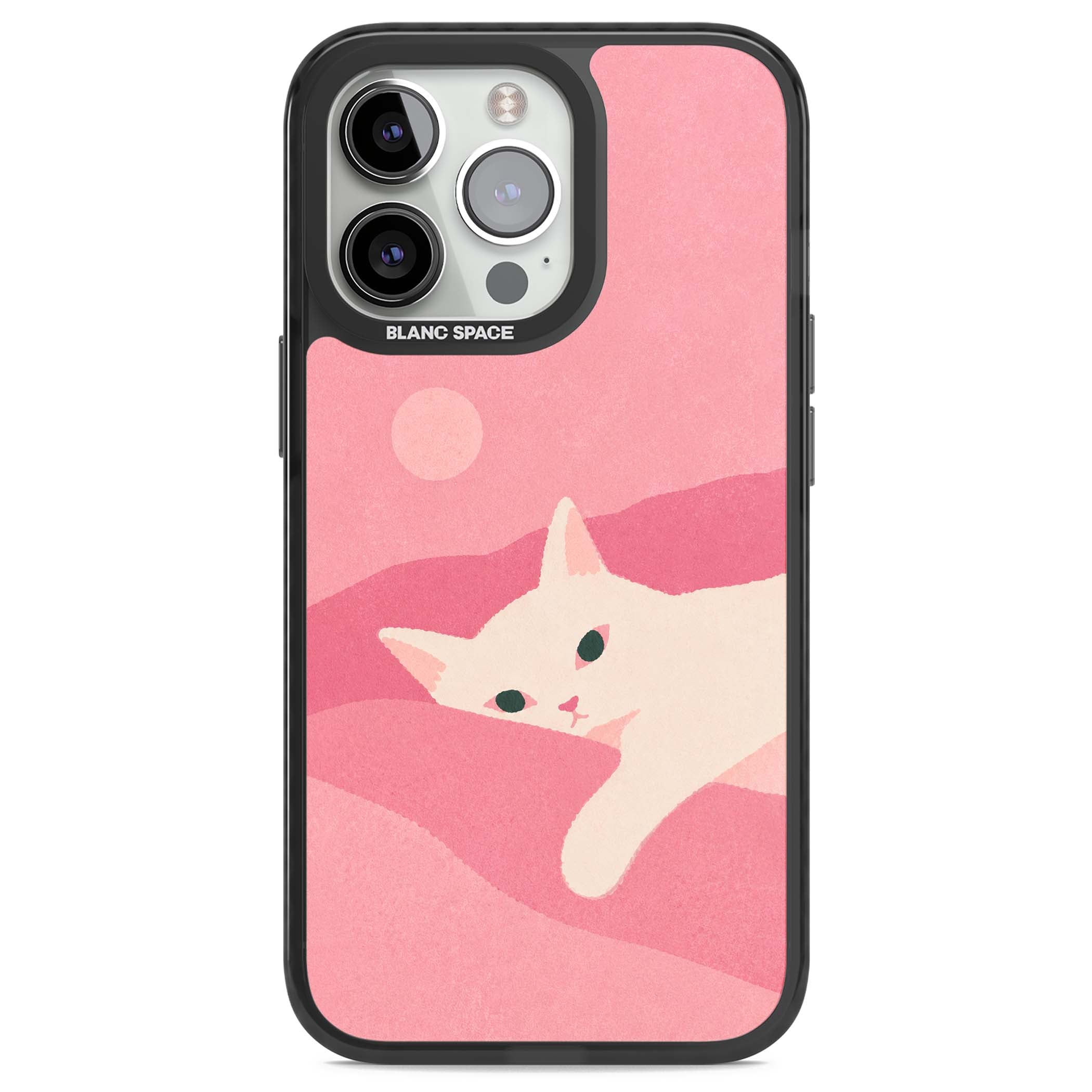 Pink Dreams cute cat iPhone case featuring a white kitten, soft pink hills and a pale pastel sun | Black Impact case for iPhone 13 Pro, iPhone 14 Pro, iPhone 15 Pro