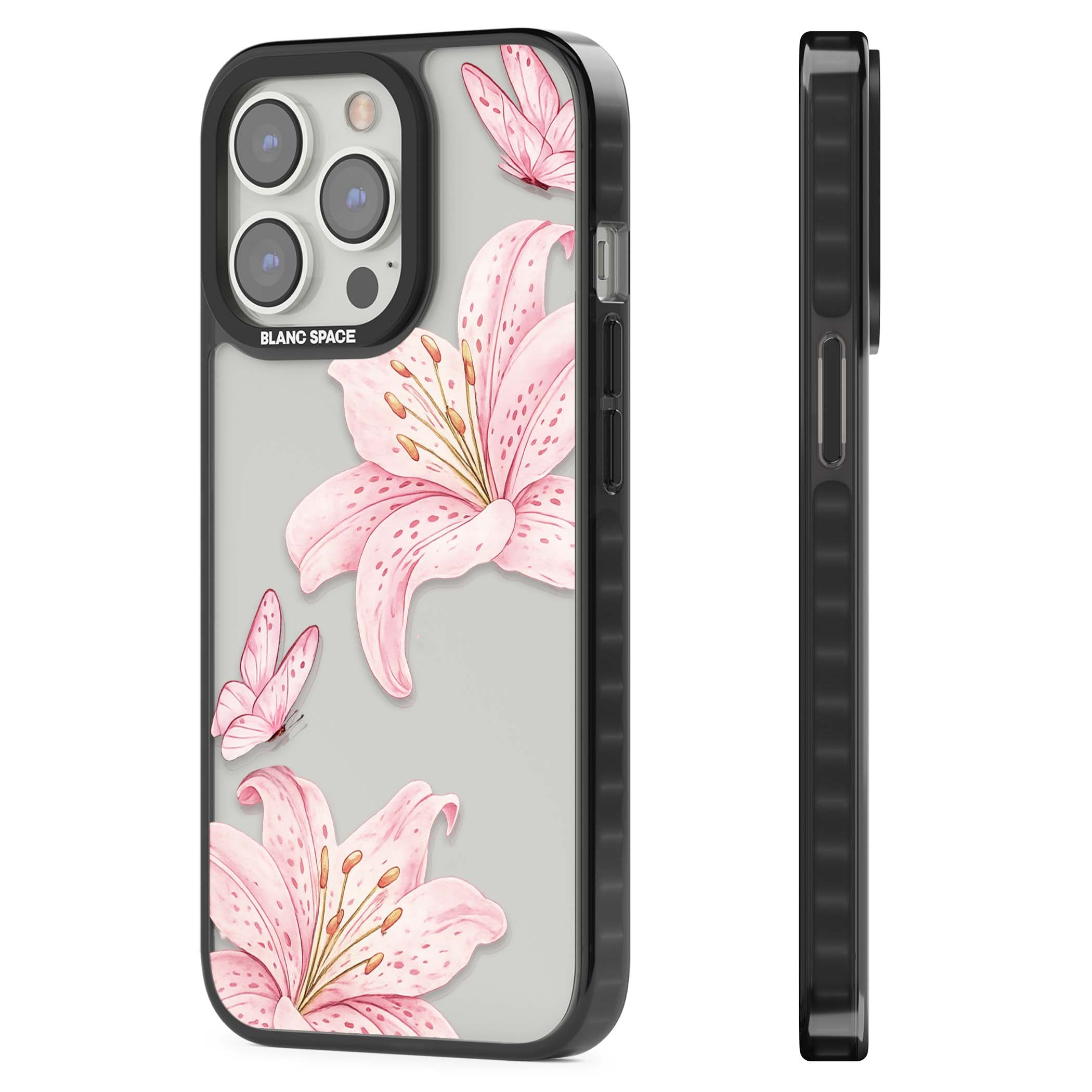 Lily Whisper floral iPhone case featuring pink watercolour lilies and delicate butterflies on a clear background | Black Impact case for iPhone 13 Pro, iPhone 14 Pro, iPhone 15 Pro