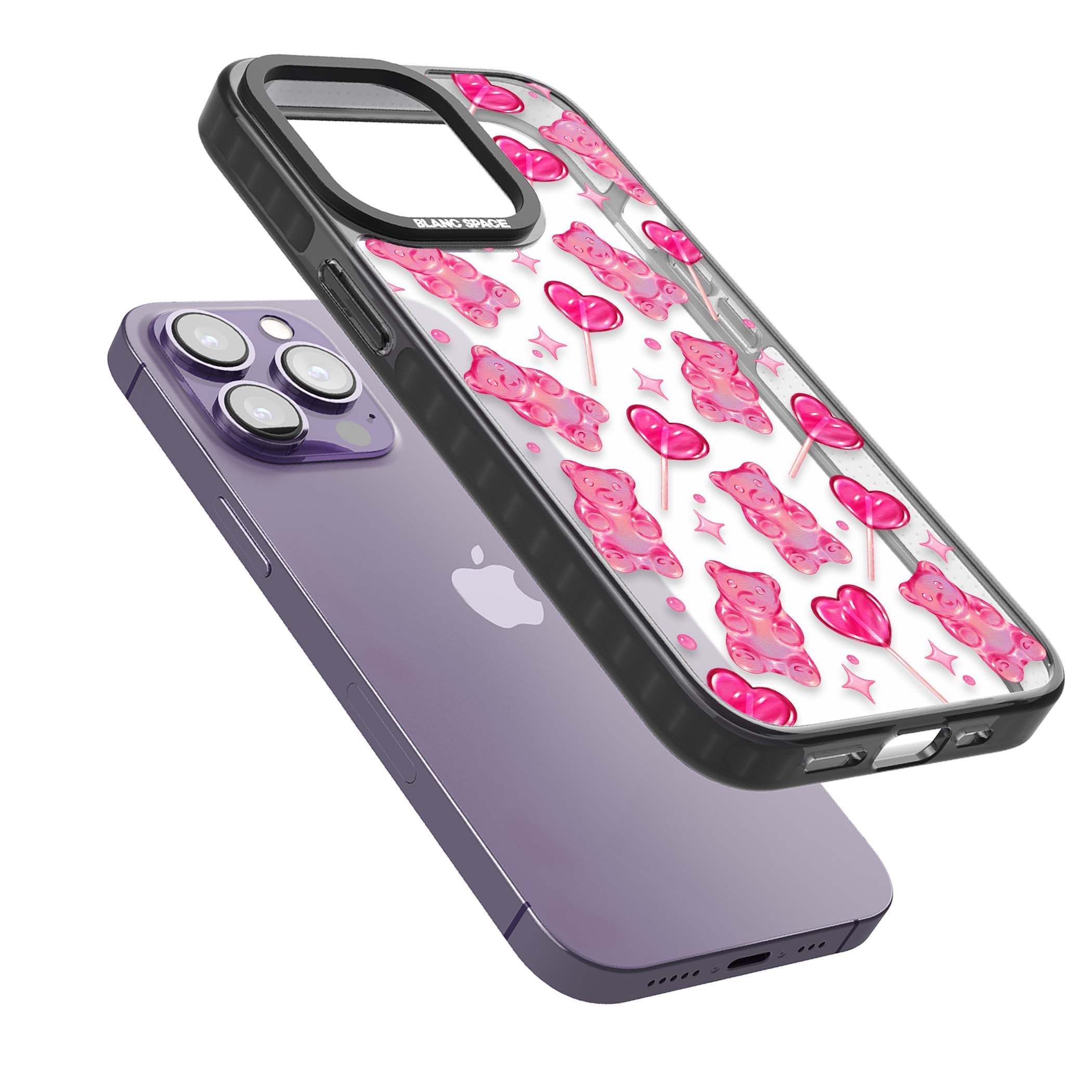 Pink Sugar pinkcore iPhone case featuring pink gummy bears, heart-shaped lollipops and sparkle stars | Black Impact case for iPhone 13 Pro, iPhone 14 Pro, iPhone 15 Pro