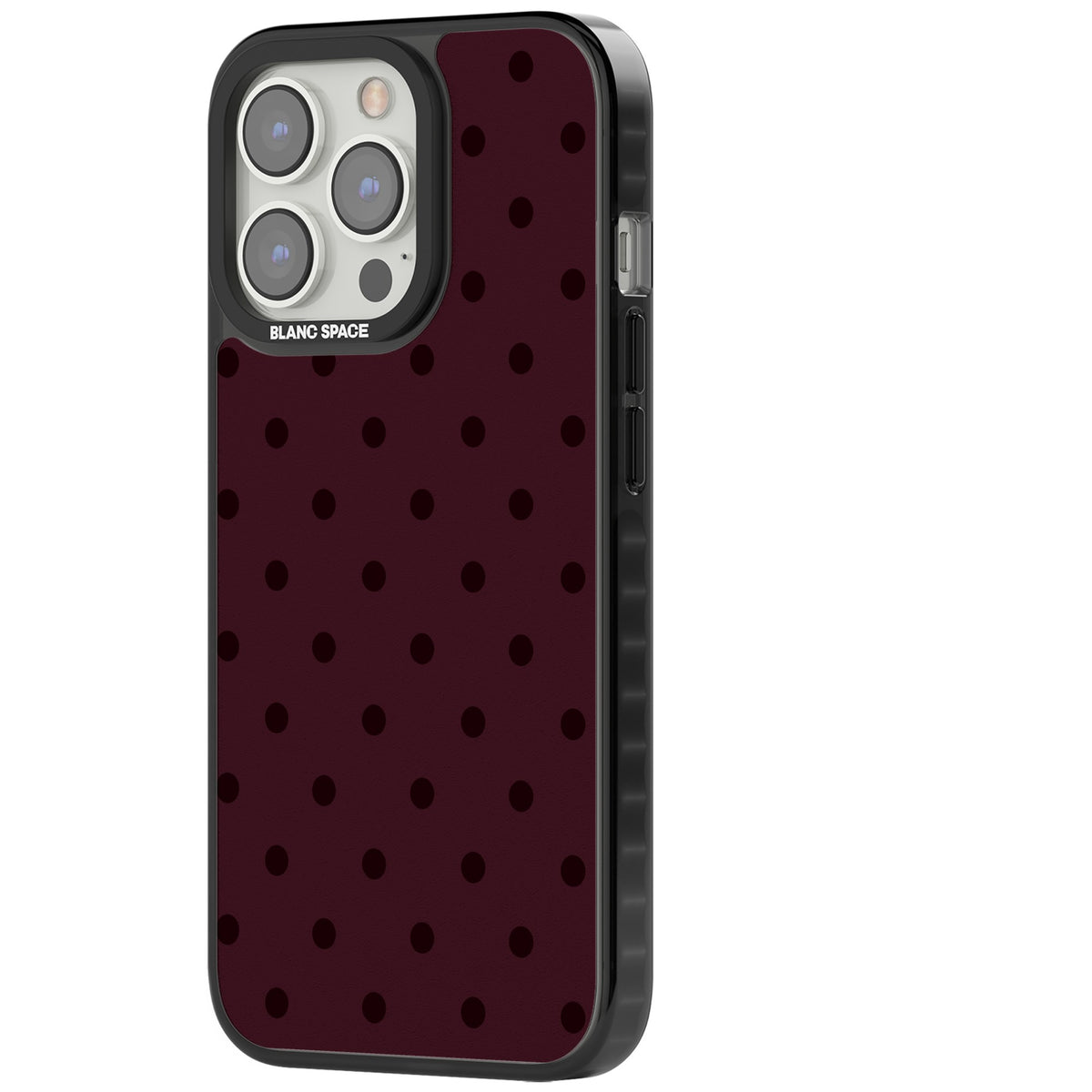 Burgundy Polka Dot minimalist iPhone case featuring black polka dots on a deep burgundy wine red background iPhone 12 Pro Max / iPhone 13 Pro / iPhone 13 Pro Max / iPhone 14 Pro / iPhone 14 Pro Max / iPhone 15 Pro / iPhone 15 Pro Max Impact Black Phone Case side