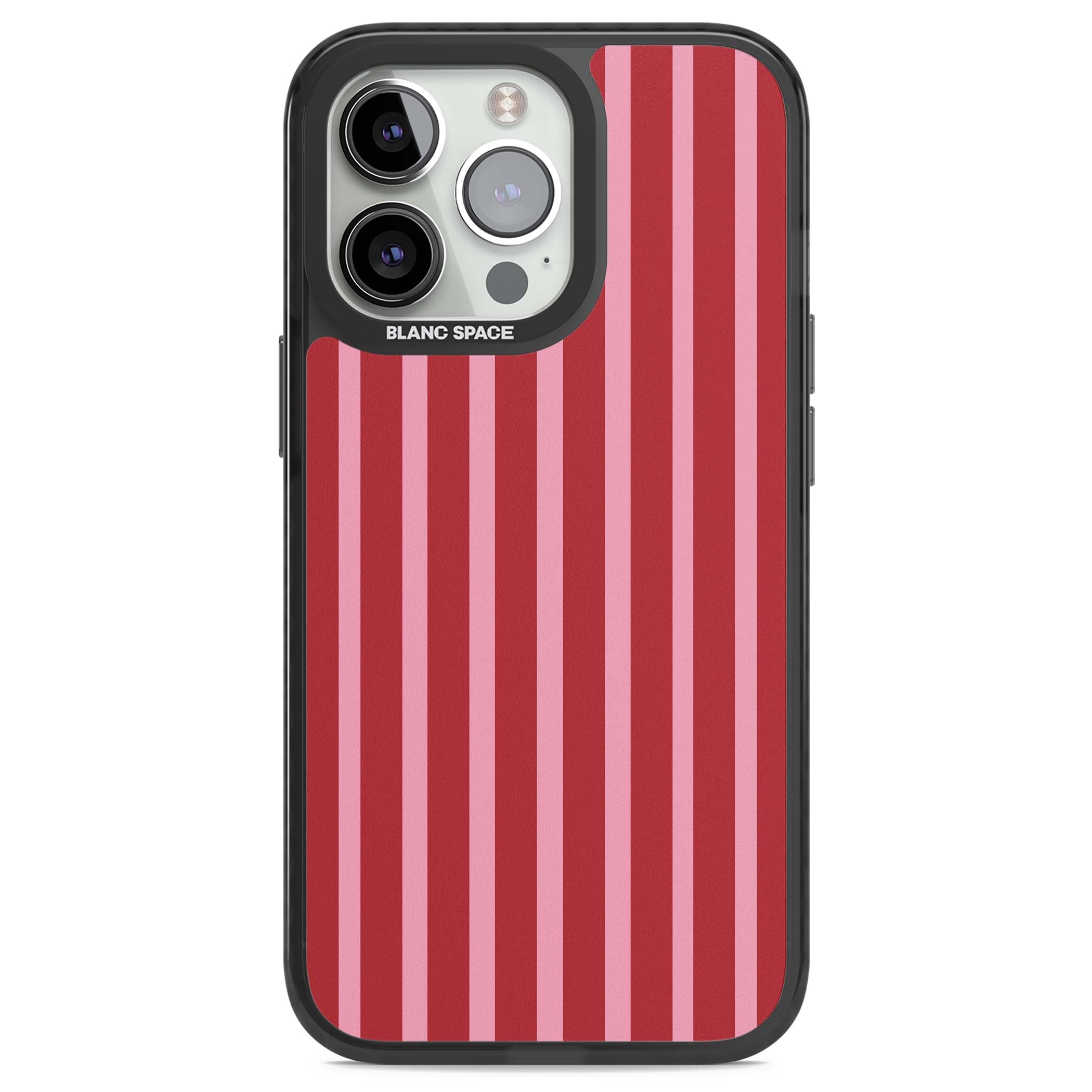 Raspberry Stripe coquette iPhone case featuring red and pink vertical stripes in a candy-inspired pattern | Black Impact case for iPhone 13 Pro, iPhone 14 Pro, iPhone 15 Pro