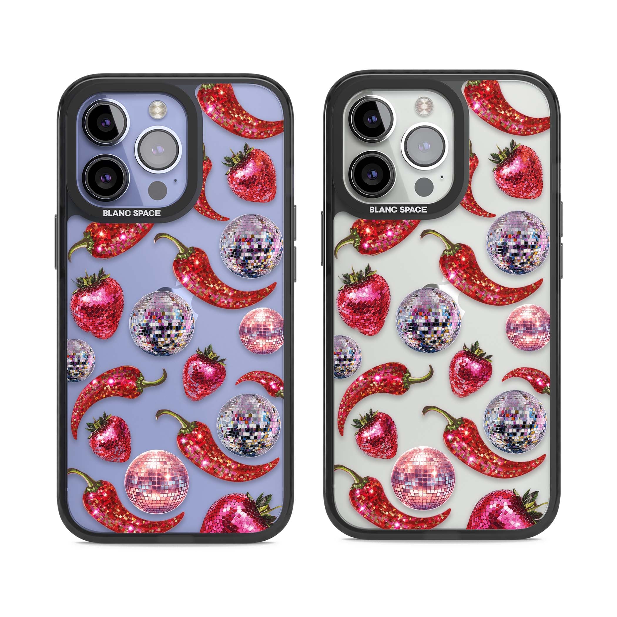 Spicy Disco Y2K iPhone case featuring glitter disco balls, sparkly strawberries and red chilli peppers | Black Impact case for iPhone 13 Pro, iPhone 14 Pro, iPhone 15 Pro