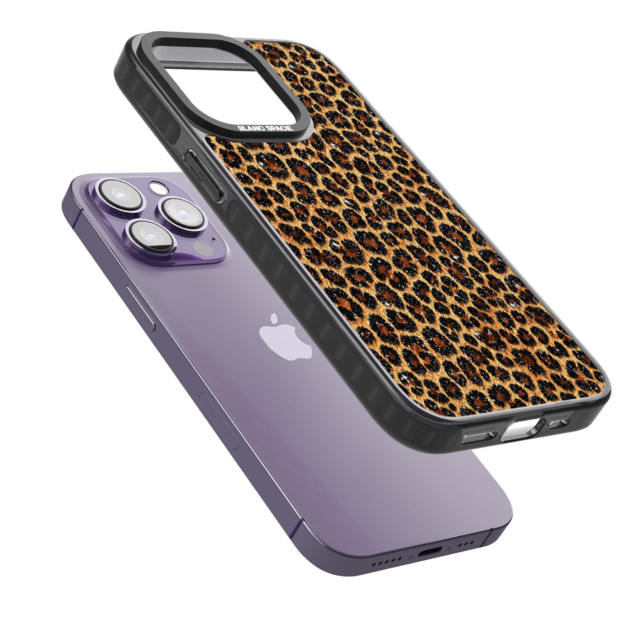 Diamond Leopard leopard print iPhone case featuring golden tan fur, black rosette spots and subtle glitter sparkle | Black Impact case for iPhone 13 Pro, iPhone 14 Pro, iPhone 15 Pro