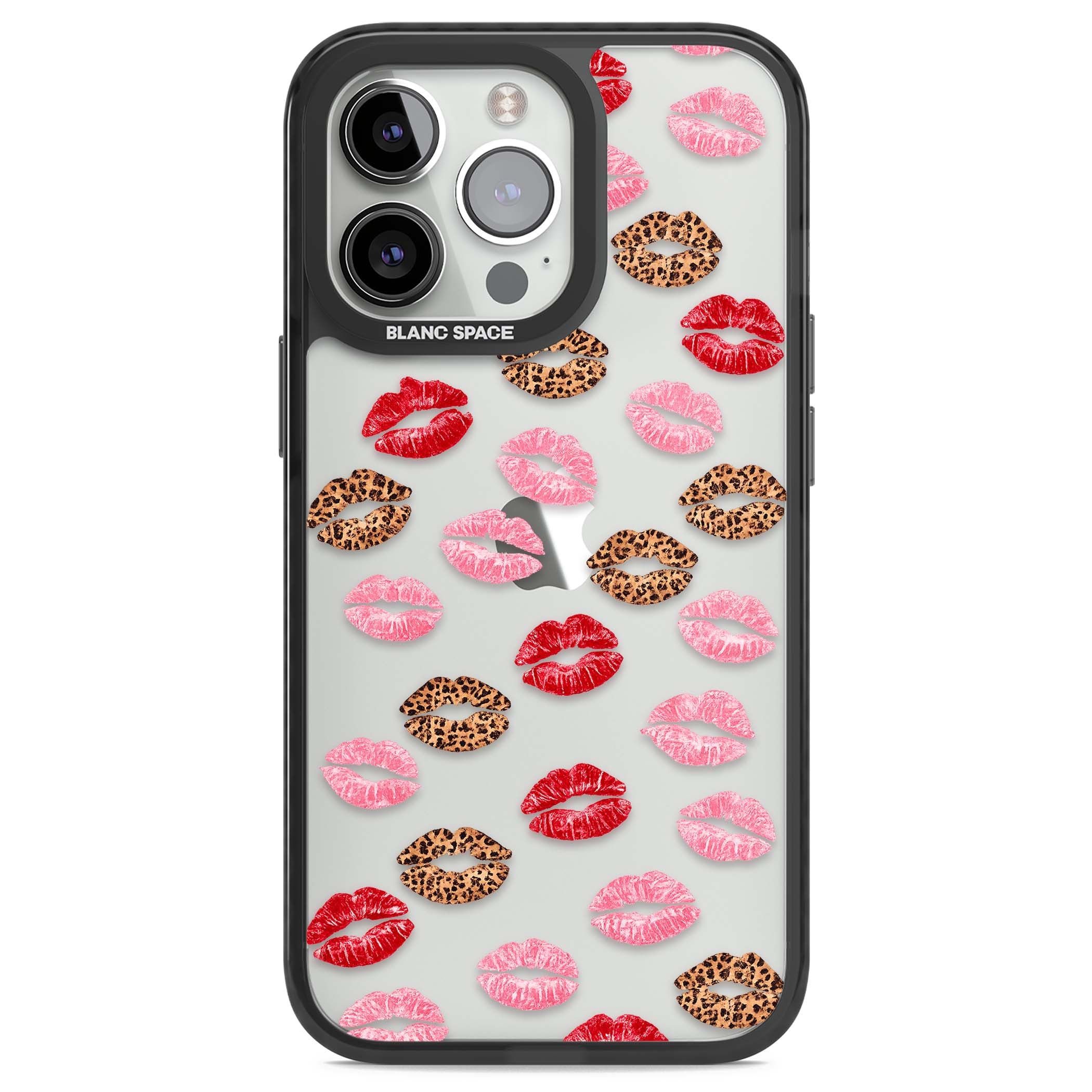 Wild Kisses coquette iPhone case featuring red, pink and leopard print lipstick kiss marks on a clear background | Black Impact case for iPhone 13 Pro, iPhone 14 Pro, iPhone 15 Pro