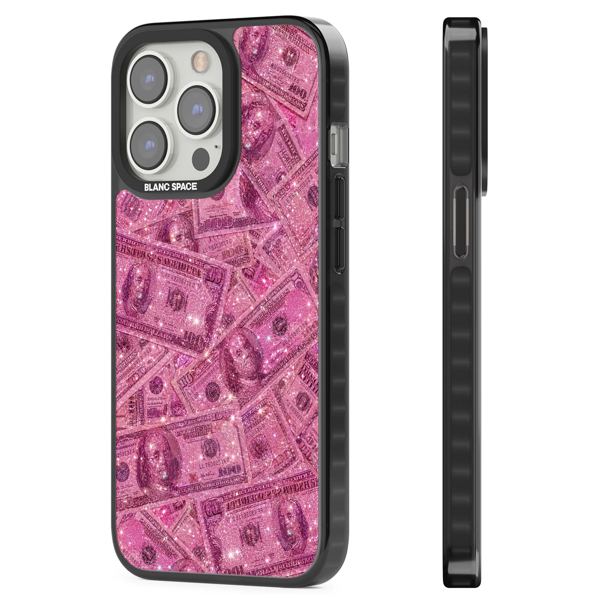 Glamorous baddie iPhone case featuring pink glitter hundred dollar bills and sparkling money wallpaper design | Black Impact case for iPhone 13 Pro, iPhone 14 Pro, iPhone 15 Pro