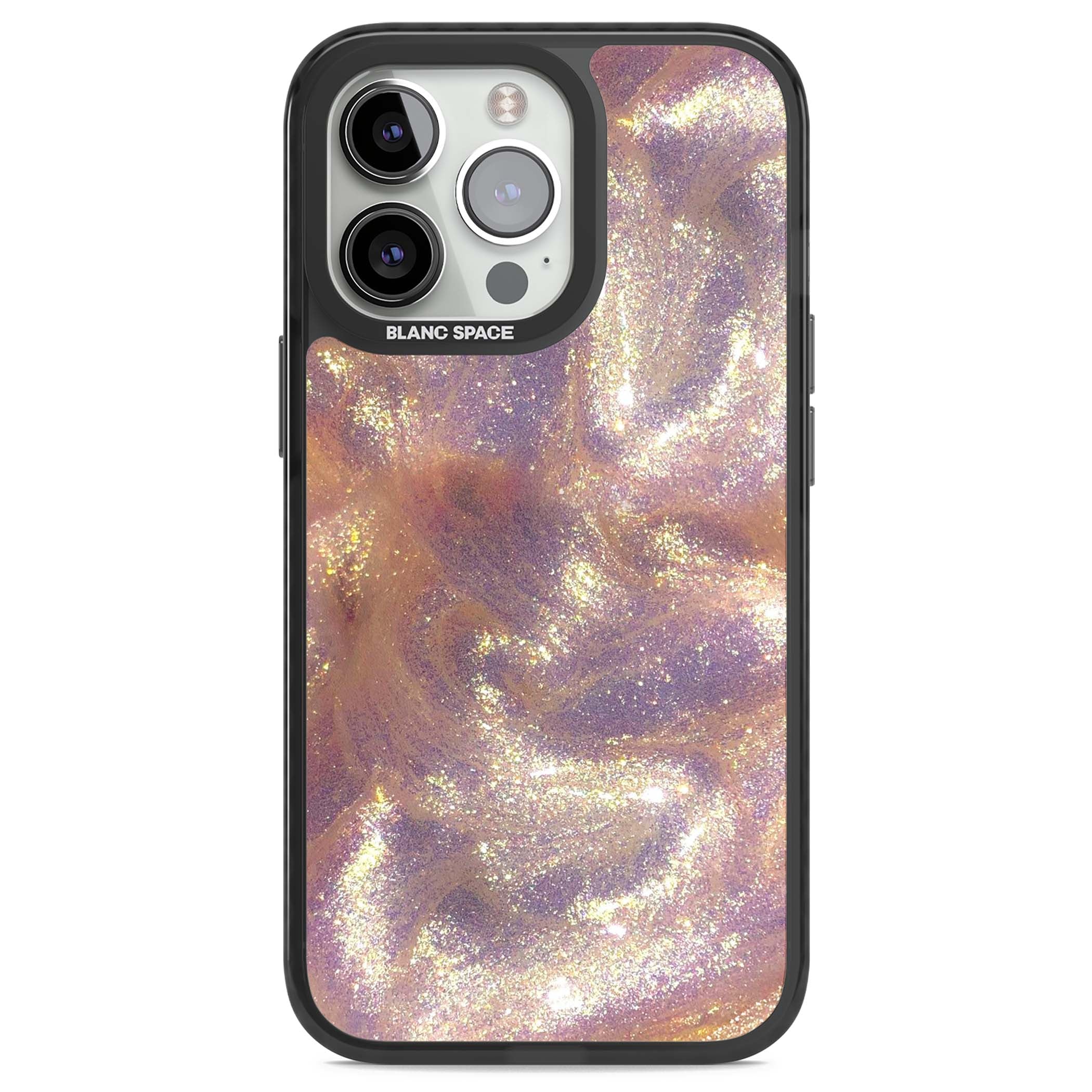 Shimmer marble iPhone case featuring rose gold glitter swirls, lilac shimmer and iridescent pearl finish | Black Impact case for iPhone 13 Pro, iPhone 14 Pro, iPhone 15 Pro