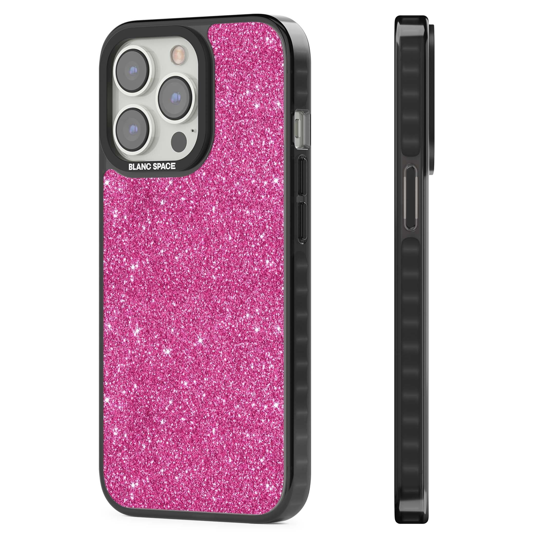 Pink Glitter Y2K iPhone case featuring hot pink glitter wallpaper with sparkle shimmer effect | Black Impact case for iPhone 13 Pro, iPhone 14 Pro, iPhone 15 Pro