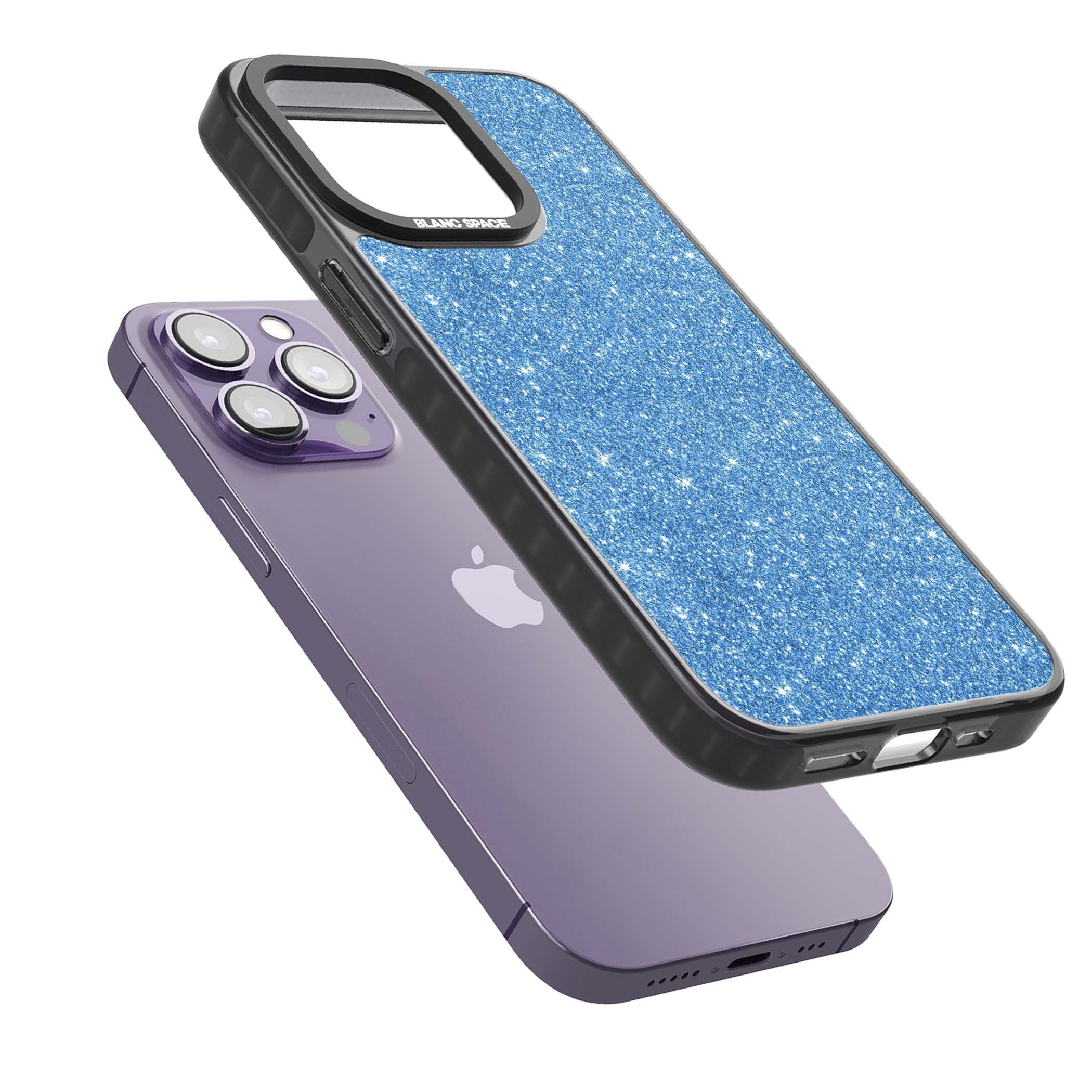 Blue Glitter blue glitter iPhone case featuring dense sparkling cerulean glitter with a glamorous shimmering finish | Black Impact case for iPhone 13 Pro, iPhone 14 Pro, iPhone 15 Pro