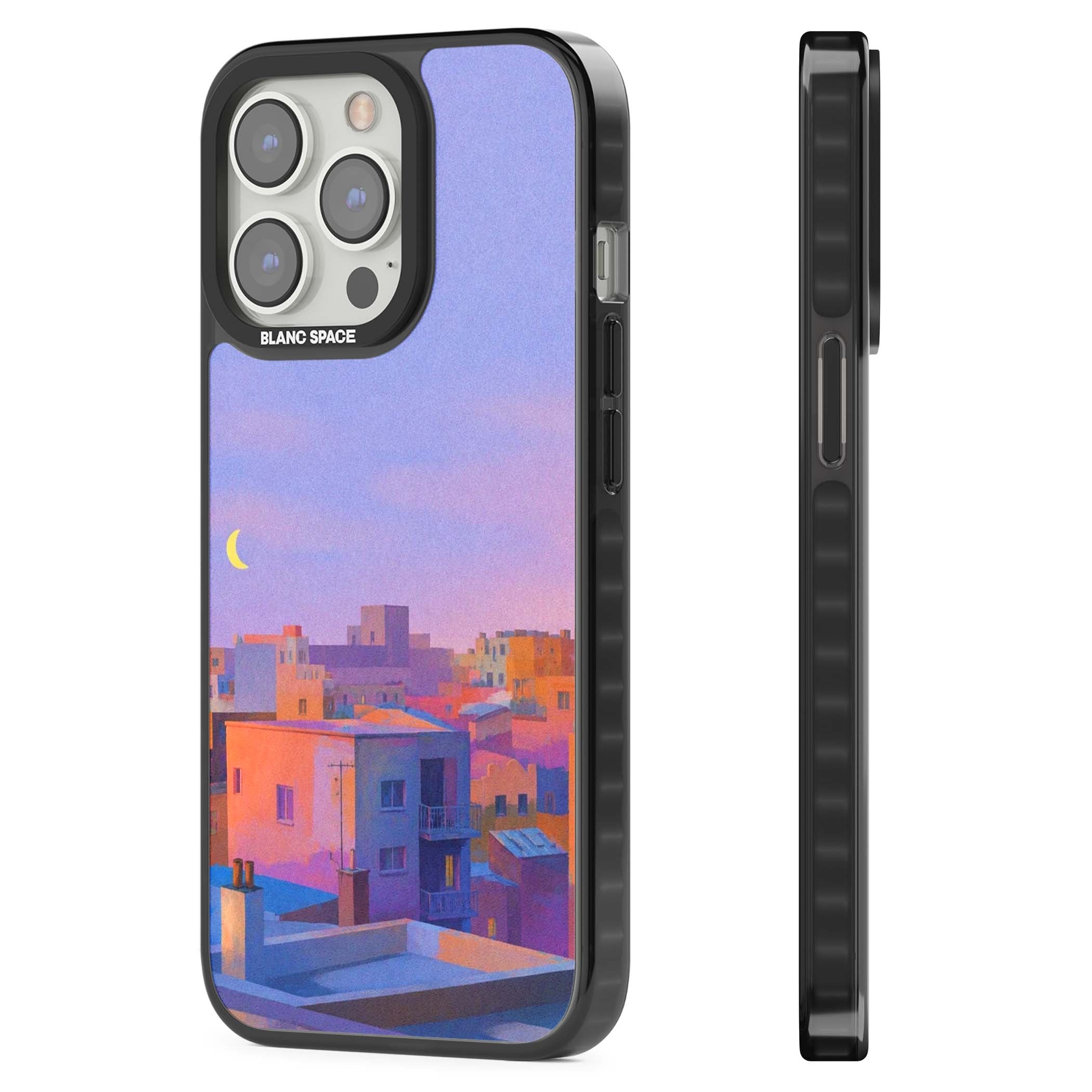 Twilight Rooftops vaporwave iPhone case featuring a pastel sunset cityscape, painted rooftops and a crescent moon. | Black Impact case for iPhone 13 Pro, iPhone 14 Pro, iPhone 15 Pro