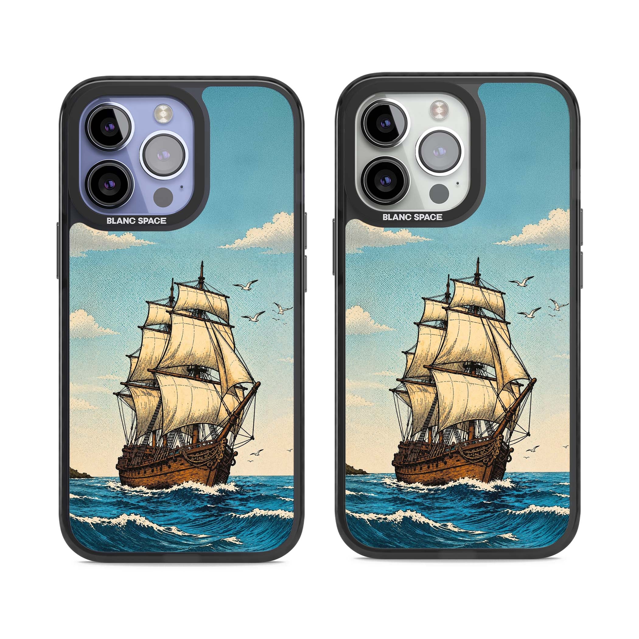 Ship at Sea nautical iPhone case featuring a vintage tall ship, ocean waves and seagulls | Black Impact case for iPhone 13 Pro, iPhone 14 Pro, iPhone 15 Pro