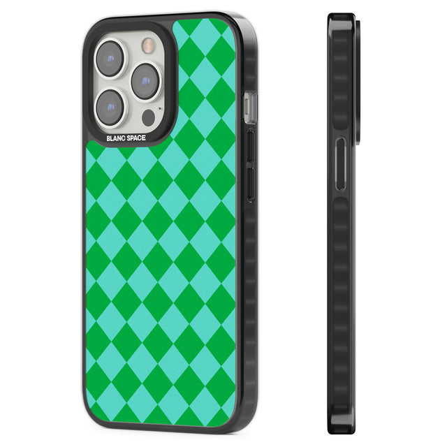 Retro Green Diamond Plaid Black Impact Phone Case for iPhone 13 Pro, iPhone 14 Pro, iPhone 15 Pro