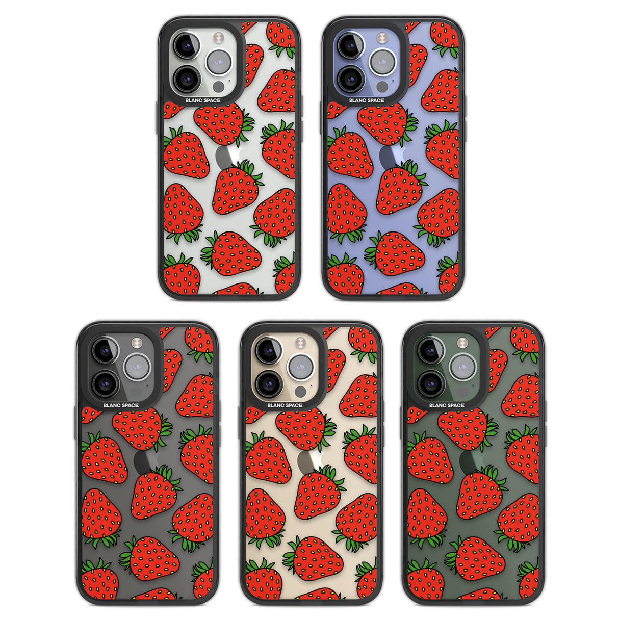 Strawberry Pattern Black Impact Phone Case for iPhone 13 Pro, iPhone 14 Pro, iPhone 15 Pro