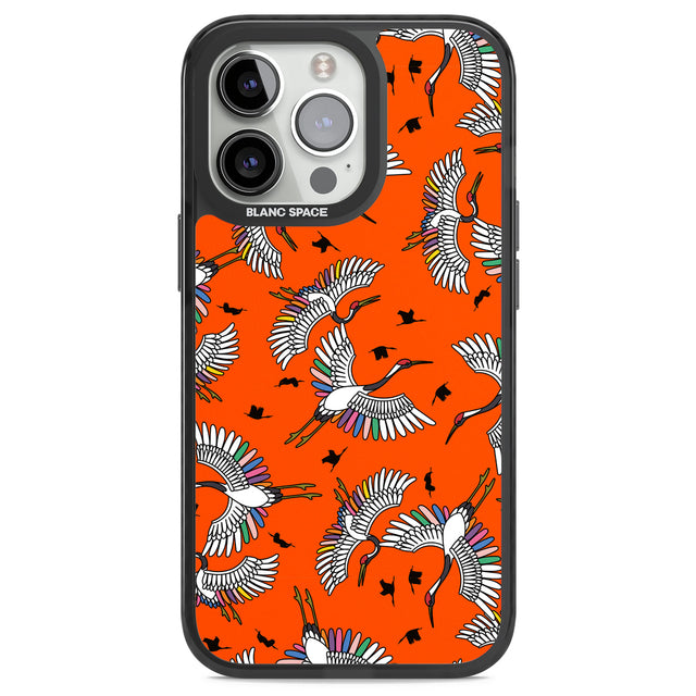 Colourful Crane Pattern (Orange) Black Impact Phone Case for iPhone 13 Pro, iPhone 14 Pro, iPhone 15 Pro