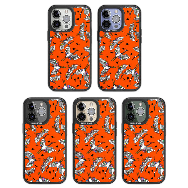 Colourful Crane Pattern (Orange) Black Impact Phone Case for iPhone 13 Pro, iPhone 14 Pro, iPhone 15 Pro