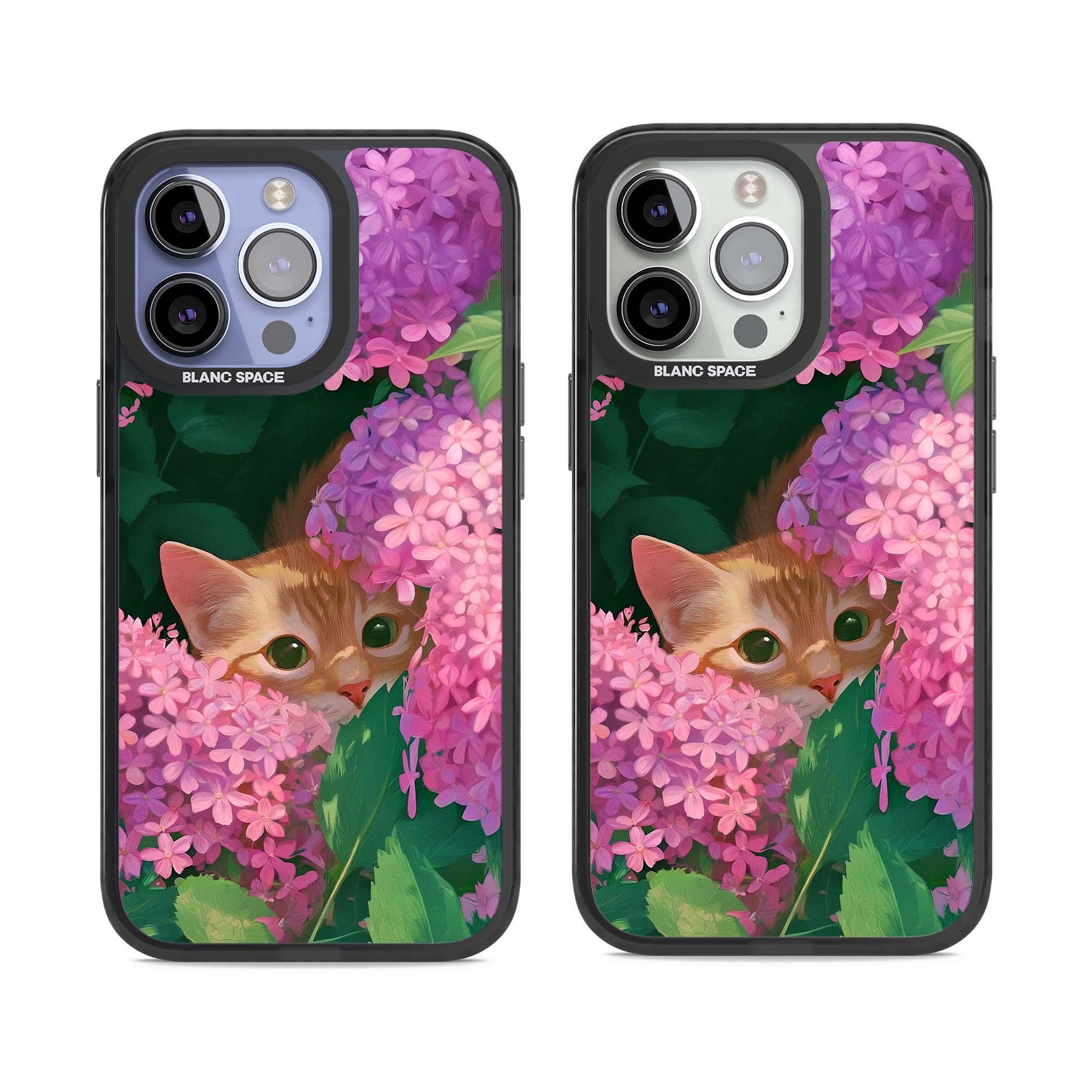 Cat In Pink Flowers cottagecore iPhone case featuring a ginger kitten peeking through lilac and pink hydrangea flo | Black Impact case for iPhone 13 Pro, iPhone 14 Pro, iPhone 15 Pro
