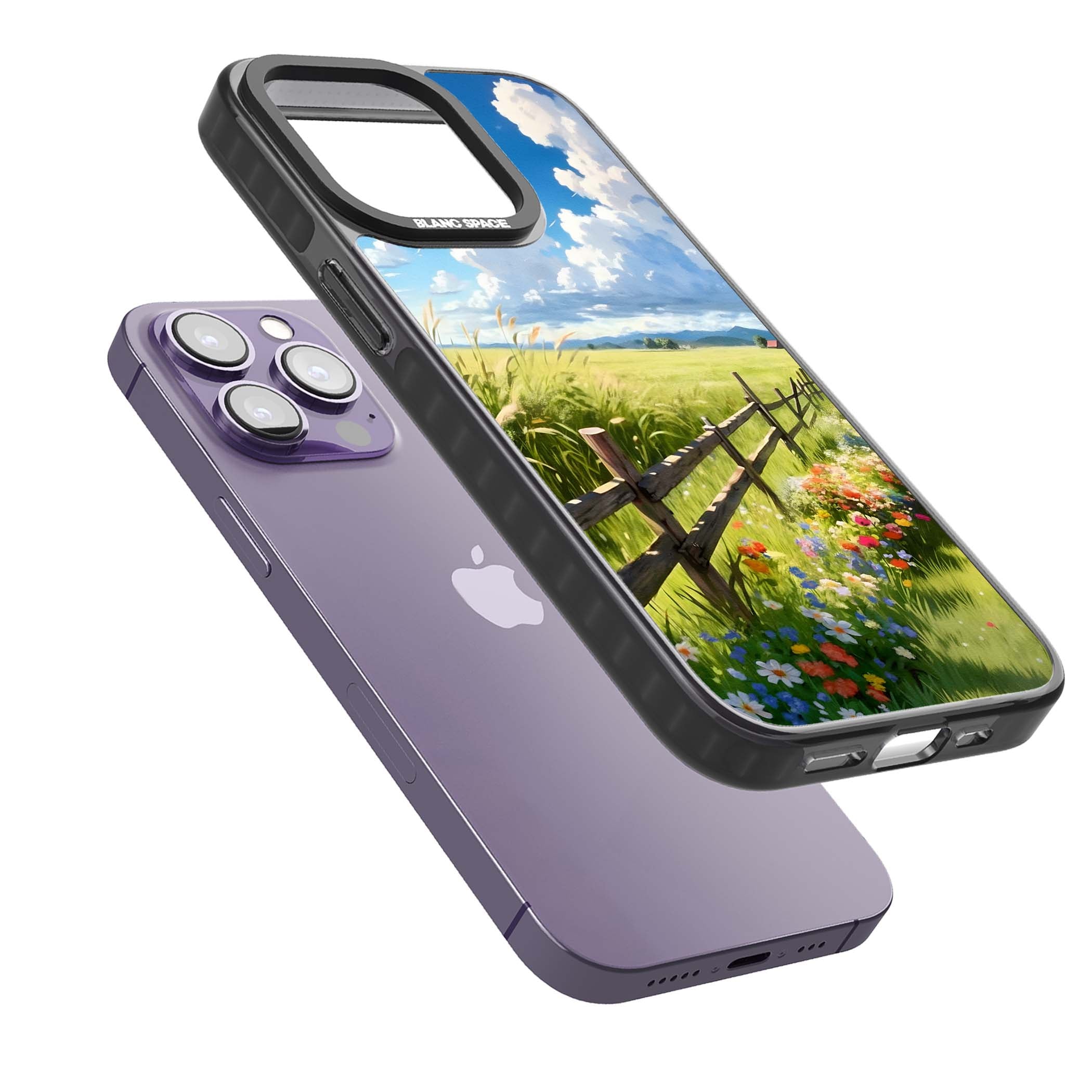 A Countryside Afternoon cottagecore iPhone case featuring a painted countryside meadow, wooden fence, and wildflowers beneath | Black Impact case for iPhone 13 Pro, iPhone 14 Pro, iPhone 15 Pro