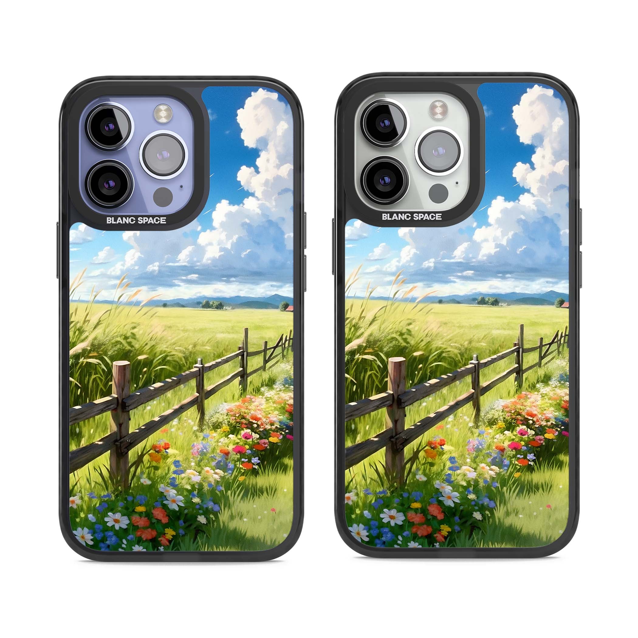 A Countryside Afternoon cottagecore iPhone case featuring a painted countryside meadow, wooden fence, and wildflowers beneath | Black Impact case for iPhone 13 Pro, iPhone 14 Pro, iPhone 15 Pro